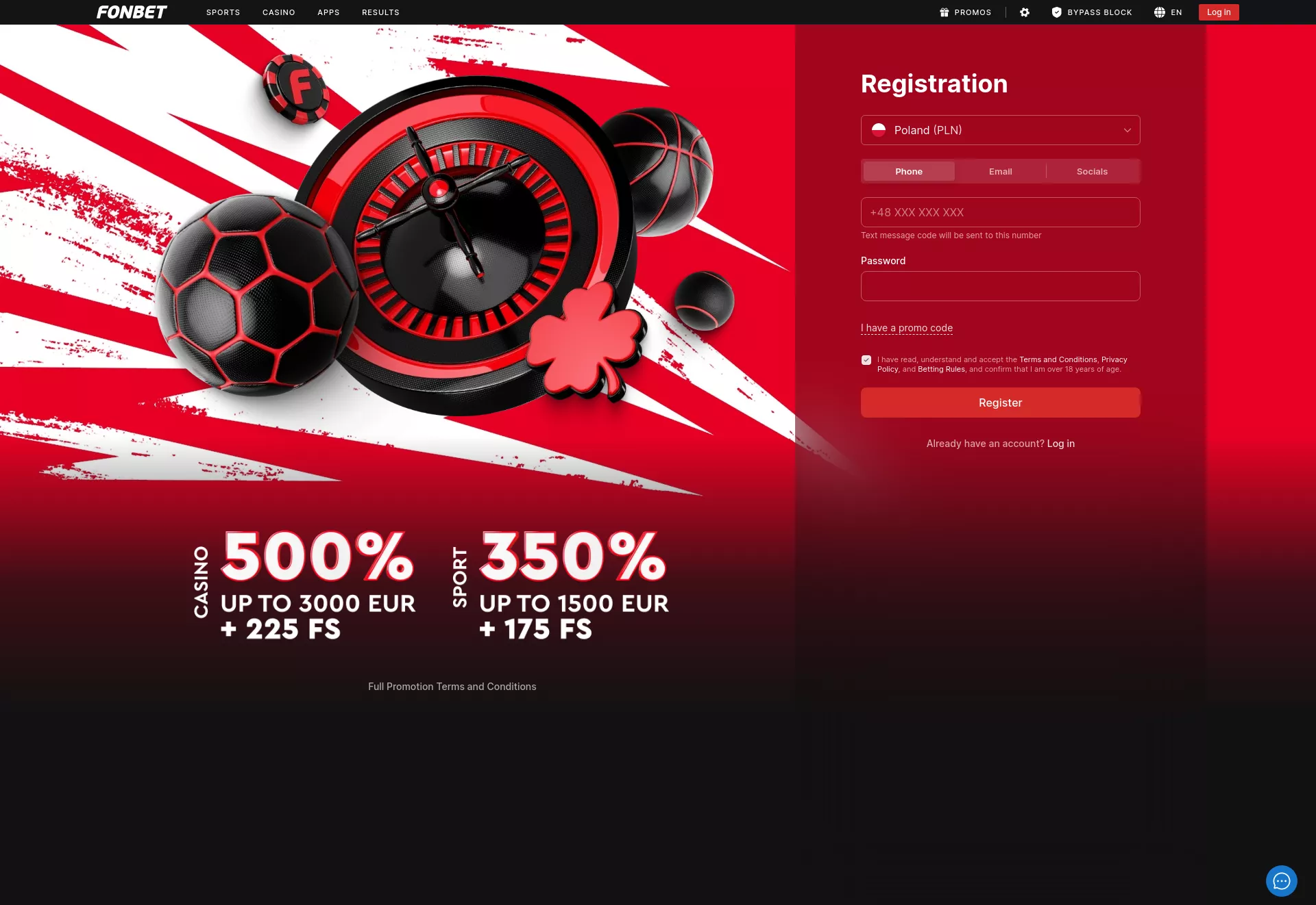 Desktop screen. Fonbet Up to zł12000 + 225 FS