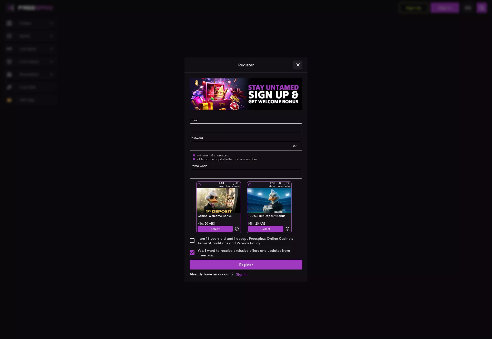 Desktop screen. Free Spinz Up to $3000 + 300 FS