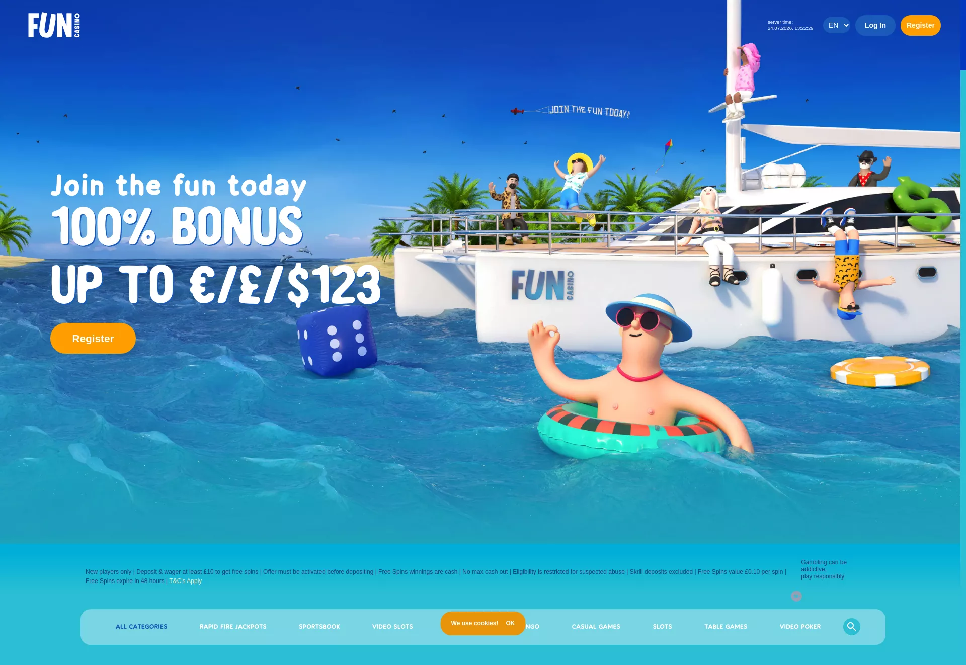 Desktop screen. Fun Casino 100% up to $123