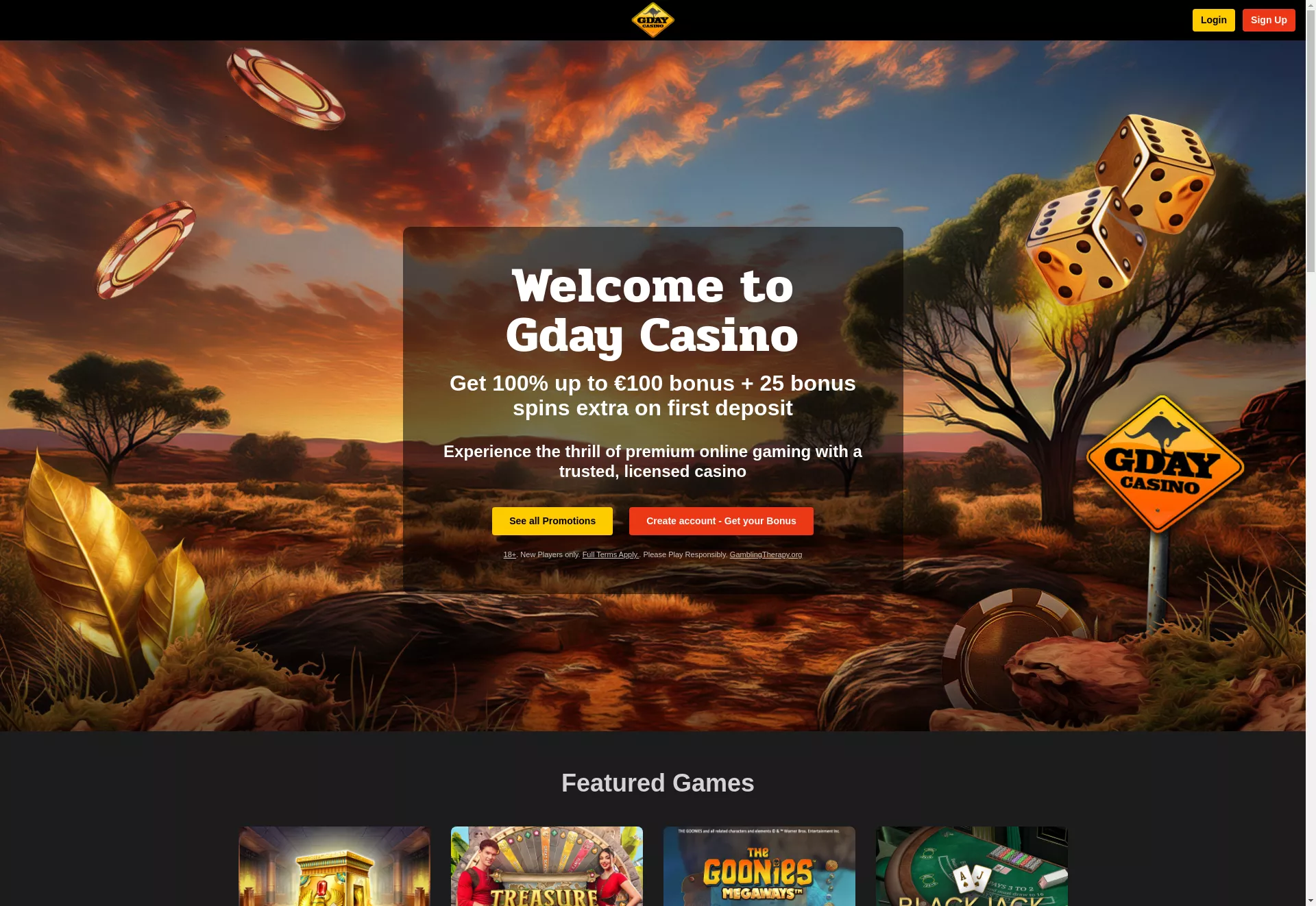 Desktop screen. GDay Casino Up to $500 + 50 FS