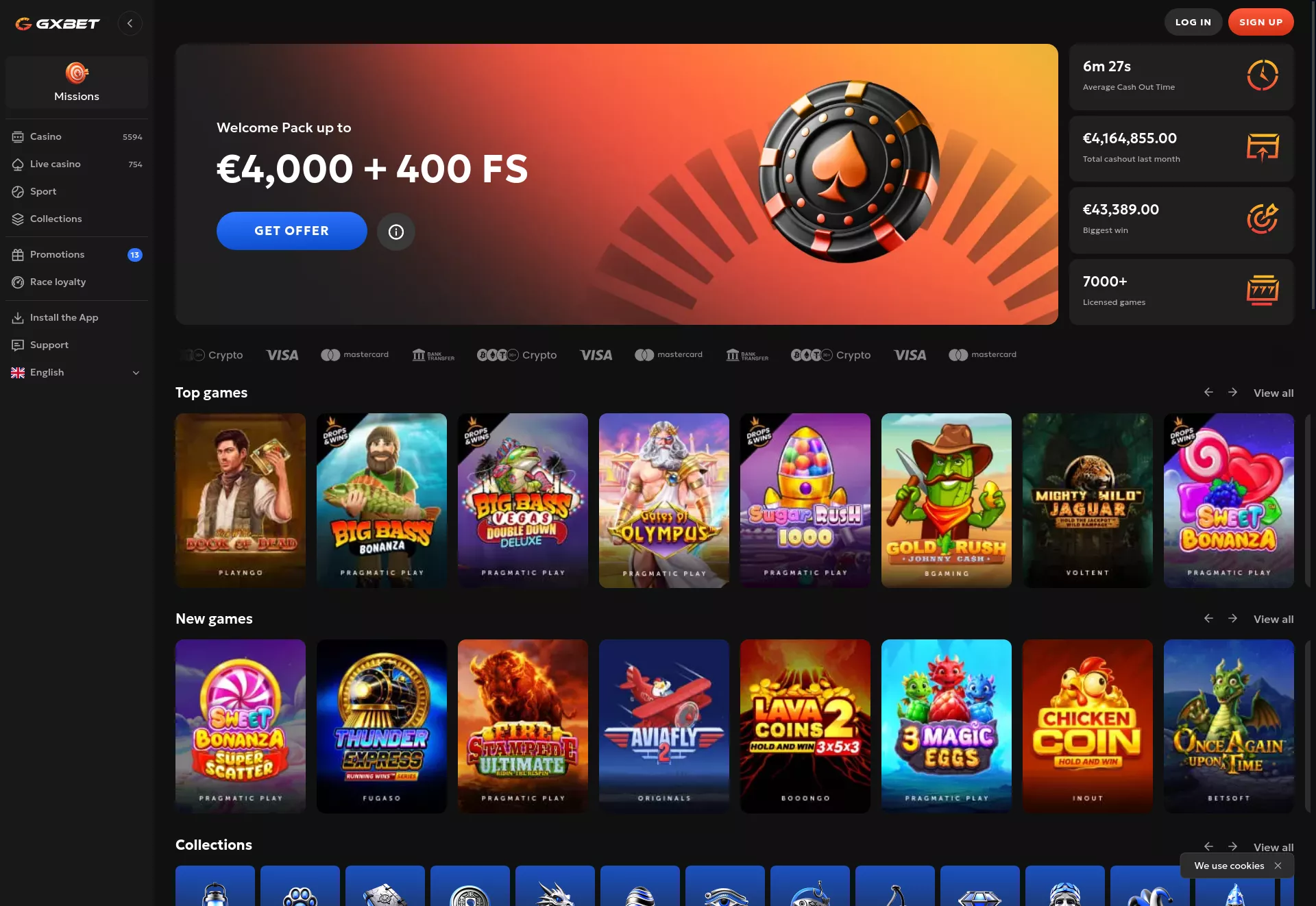 Desktop screen. GXbet Up to $4000 + 400 FS