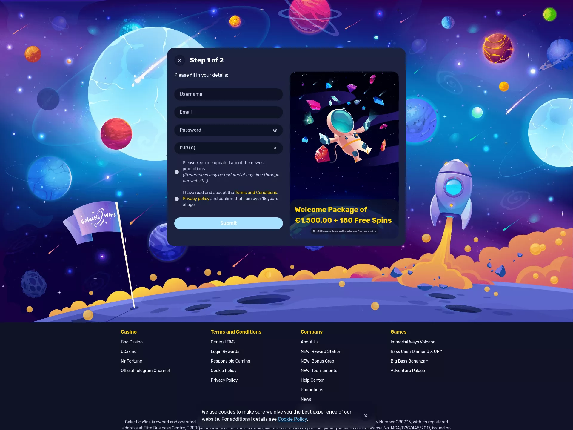 Desktop screen. Galactic Wins Bis zu €1500 + 180 FS