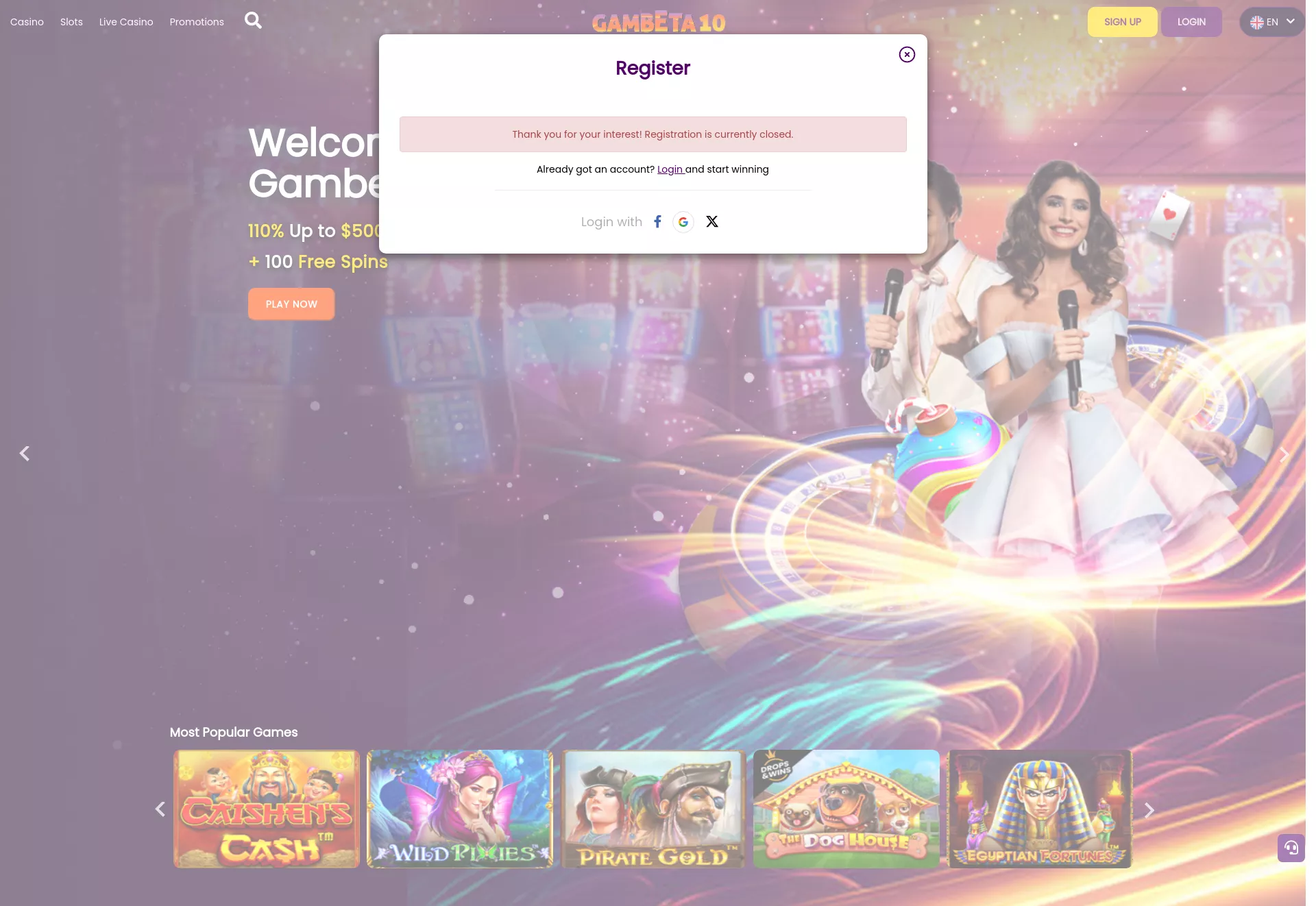 Desktop screen. Gambeta10 Casino 110% up to $500 + 100 FS
