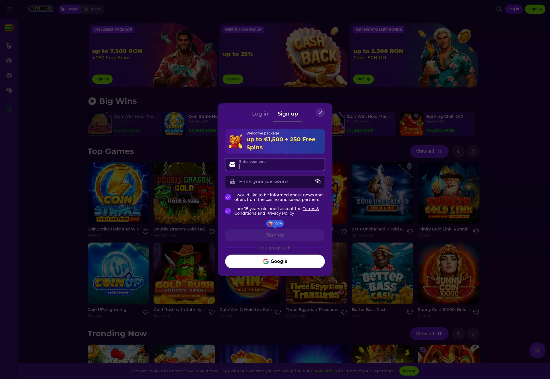 Desktop screen. Gambloria Up to 7500 RON + 250 FS