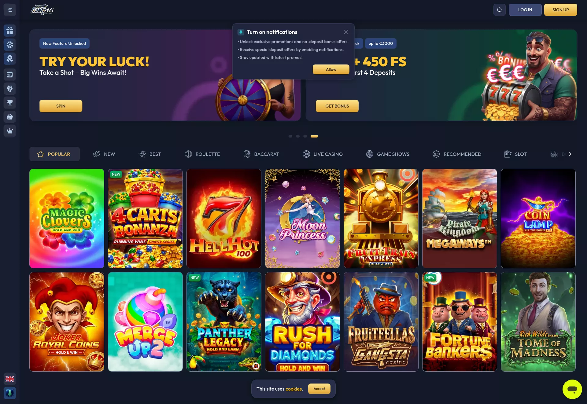 Desktop screen. Gangsta Casino Up to $2300 + 420 FS