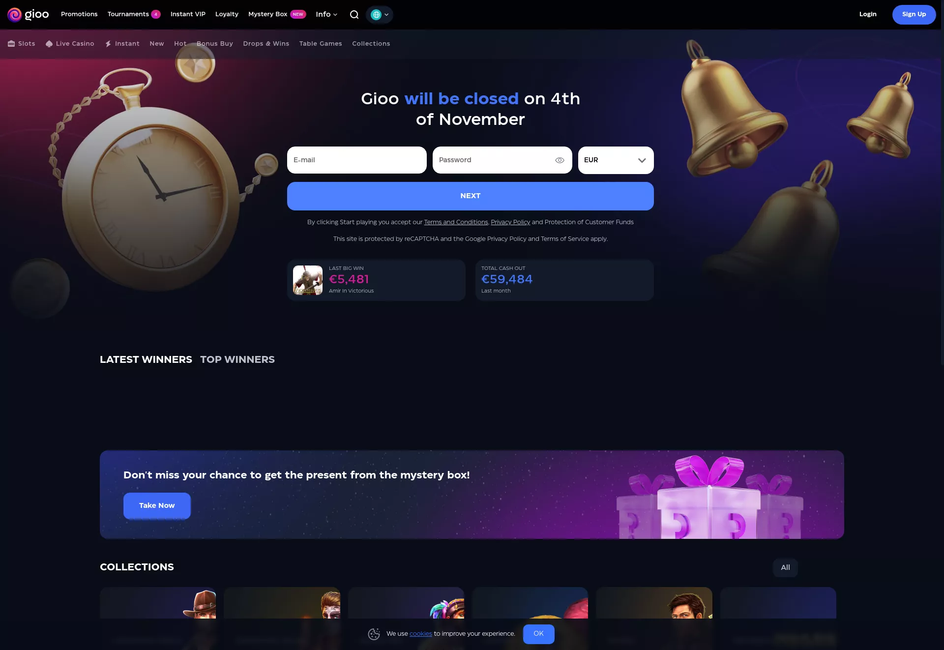 Desktop screen. Gioo Casino Up to $1000 + 250 FS
