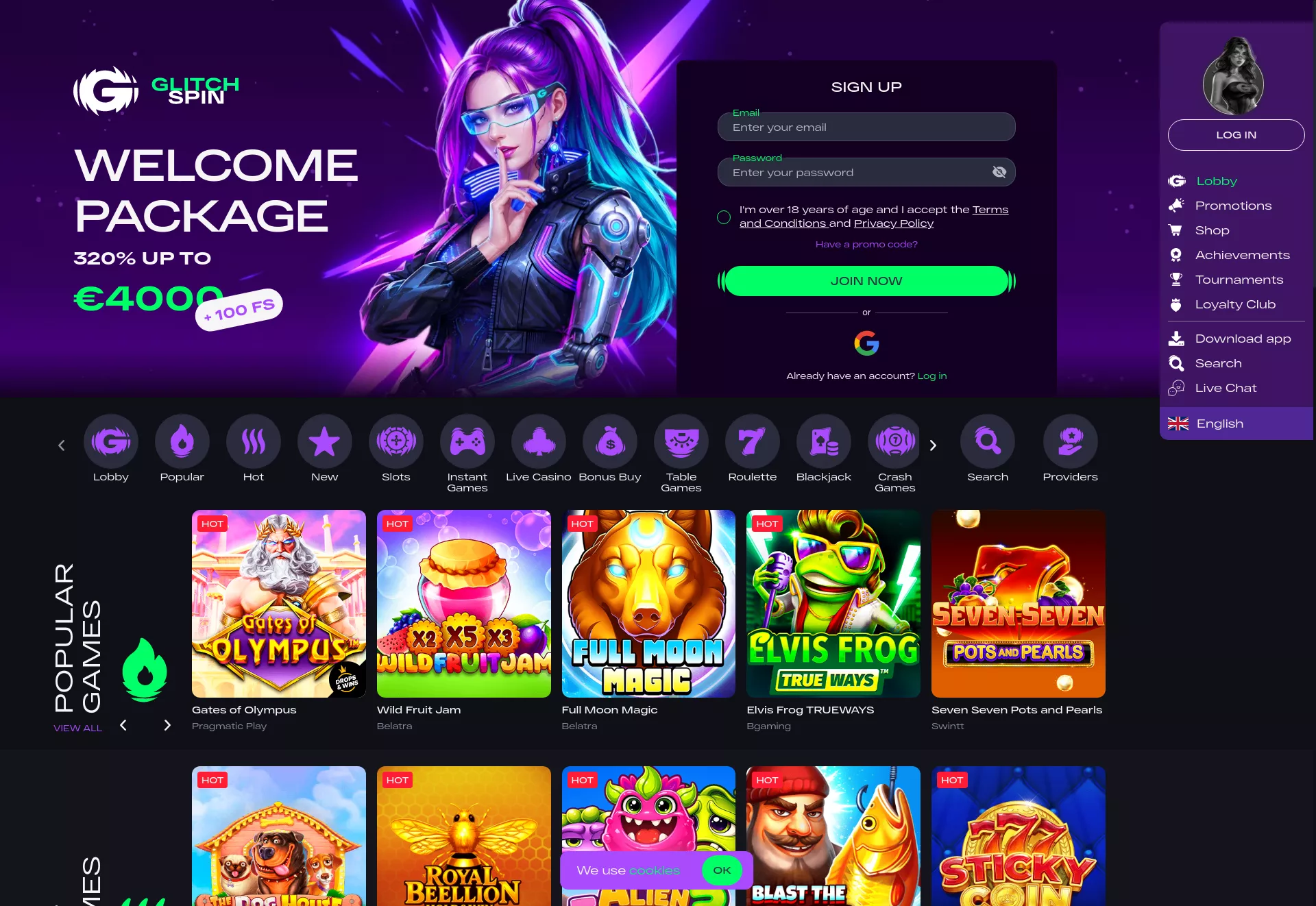 Desktop screen. GlitchSpin Up to €2200 + 100 FS