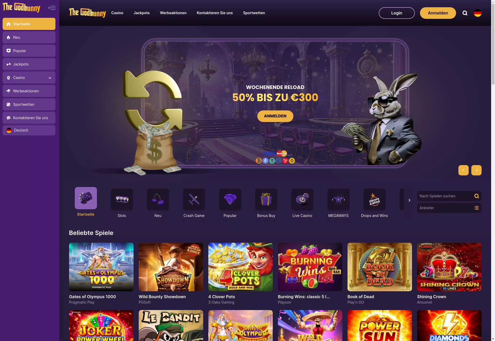 Desktop screen. GodBunny Casino 250% up to $500 + 25 FS