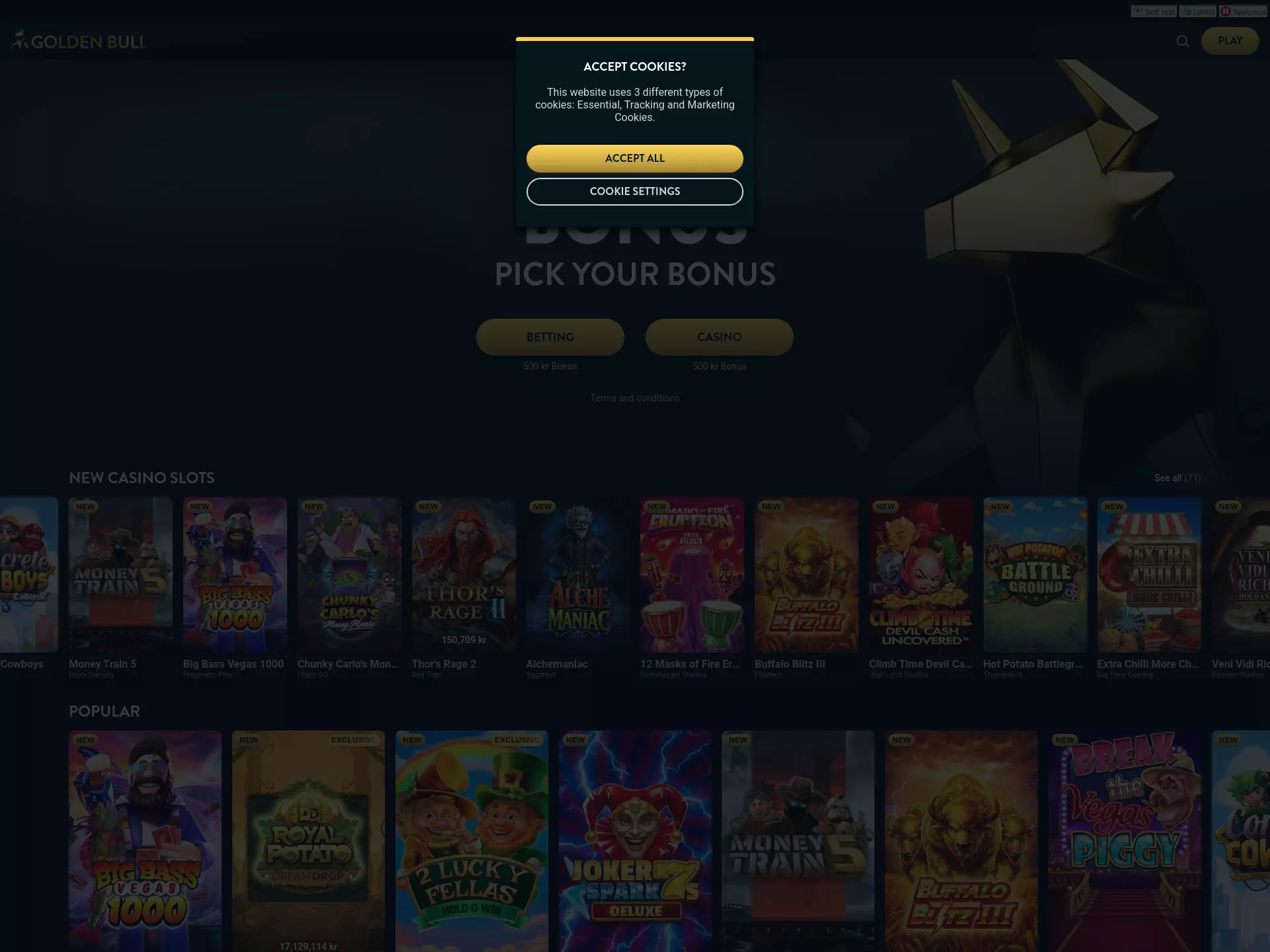 Desktop screen. Golden Bull 100% upp till kr500