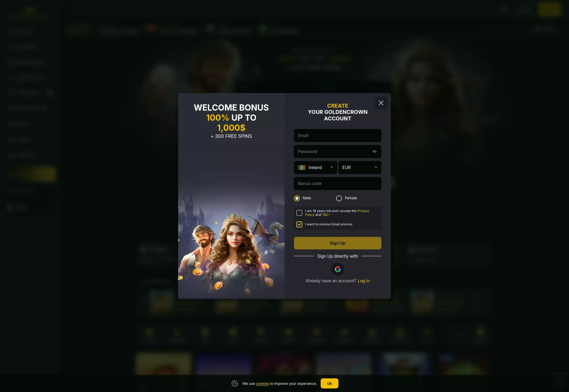 Desktop screen. Golden Crown Up to €2000 + 350 FS
