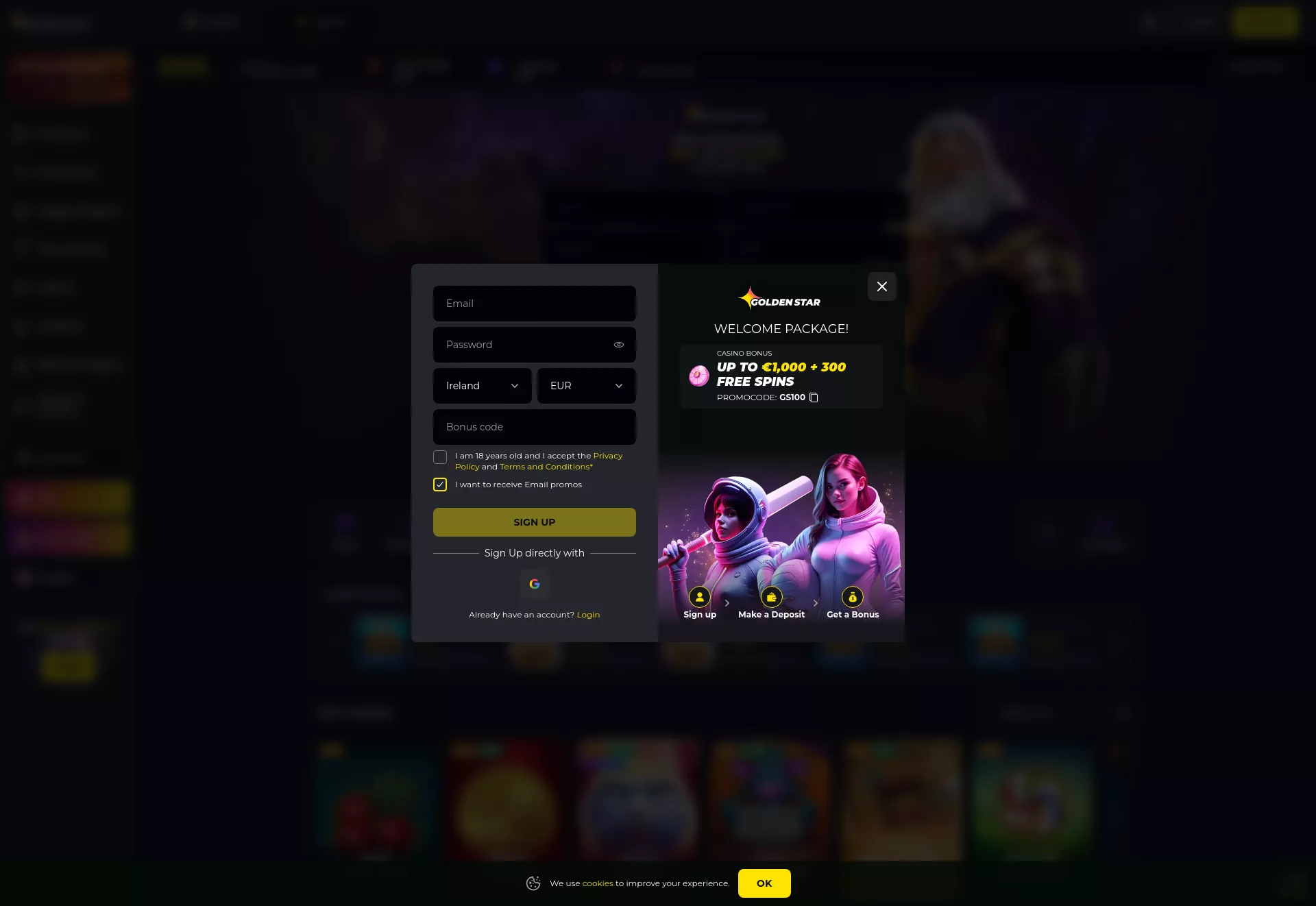 Desktop screen. Golden Star Up to €2000 + 350 FS