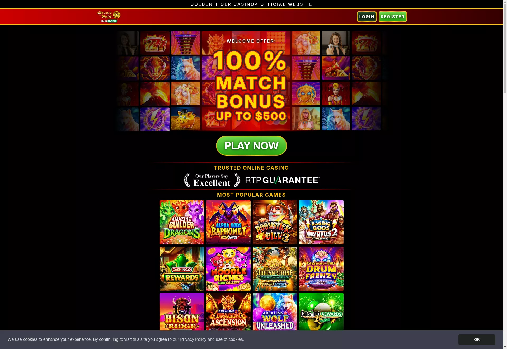 Desktop screen. Golden Tiger Casino Up to $1500