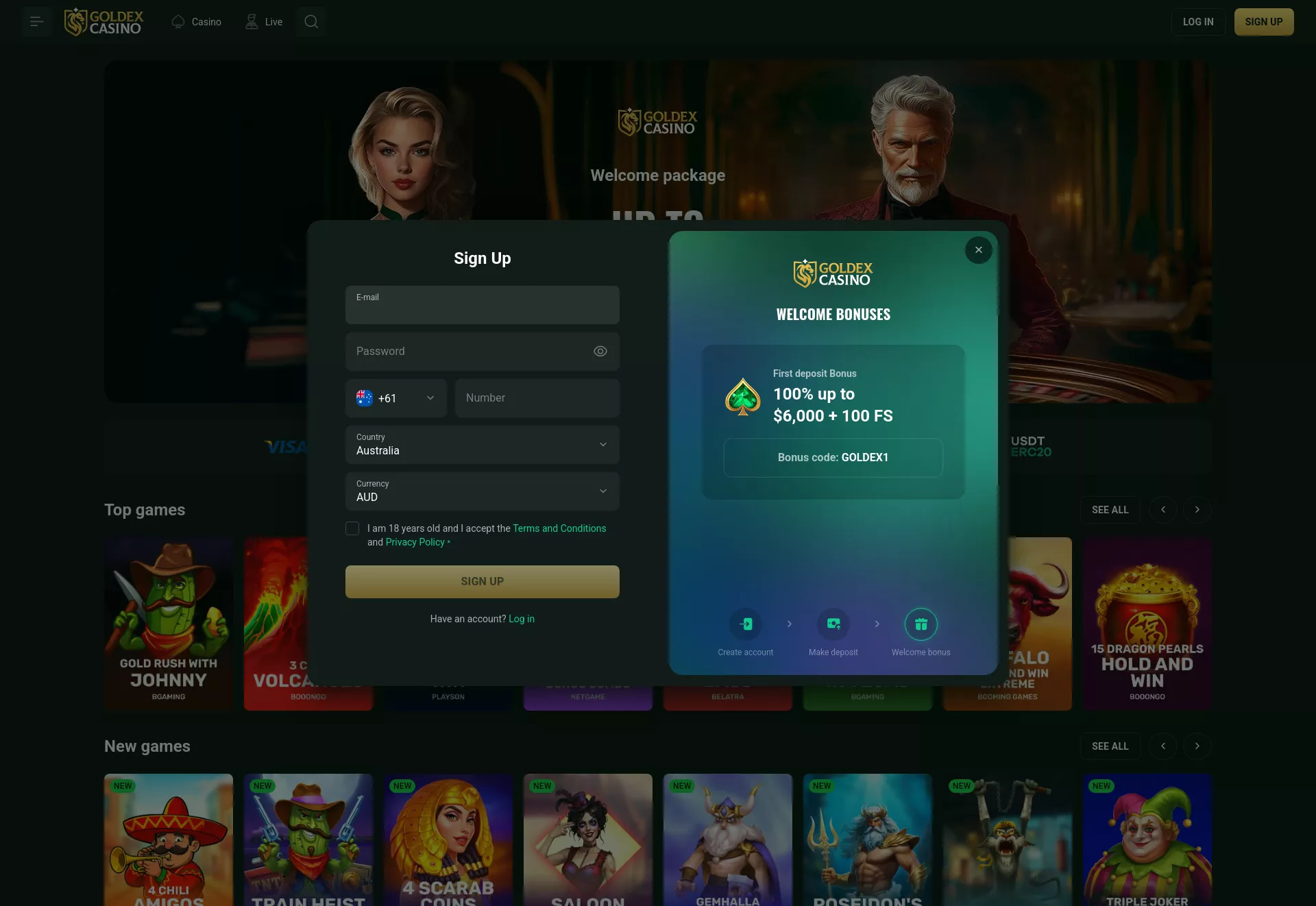 Desktop screen. Goldex Casino Up to $38000 + 500 FS