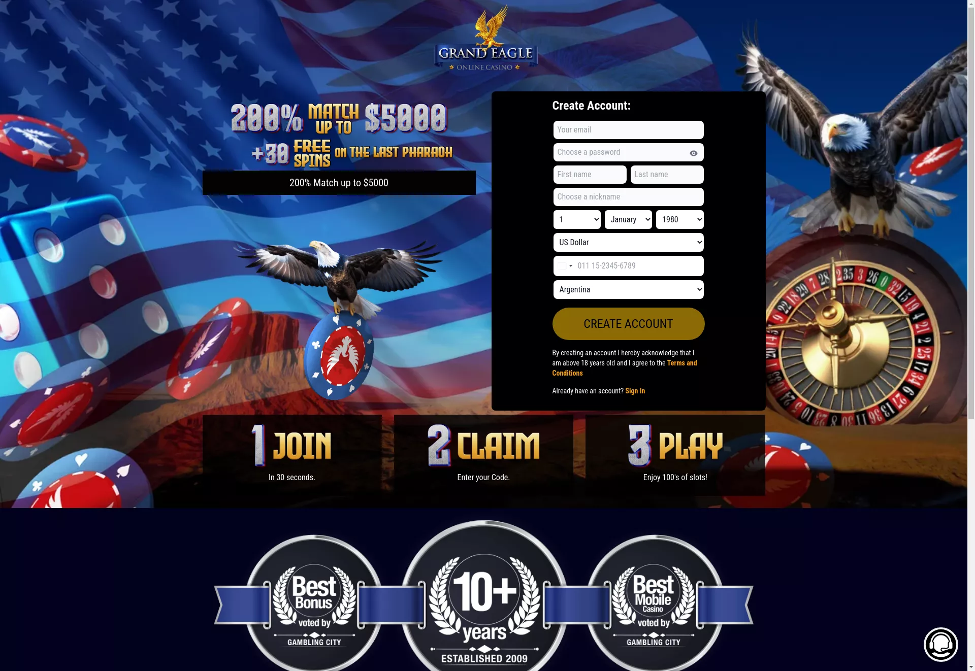 Desktop screen. Grand Eagle 200% up to $5000 + 30FS