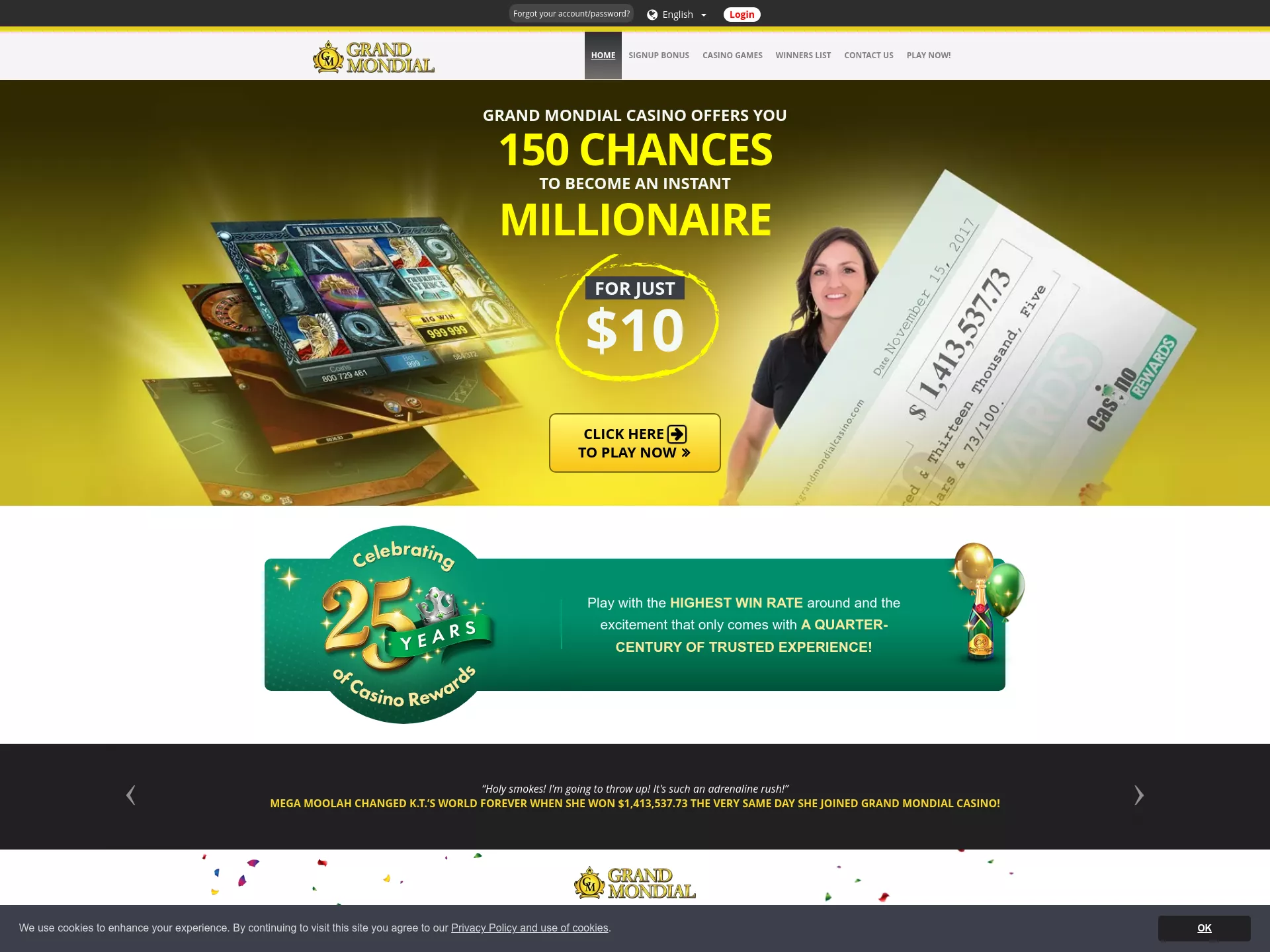 Desktop screen. Grand Mondial Casino Up to $250 + 150 FS