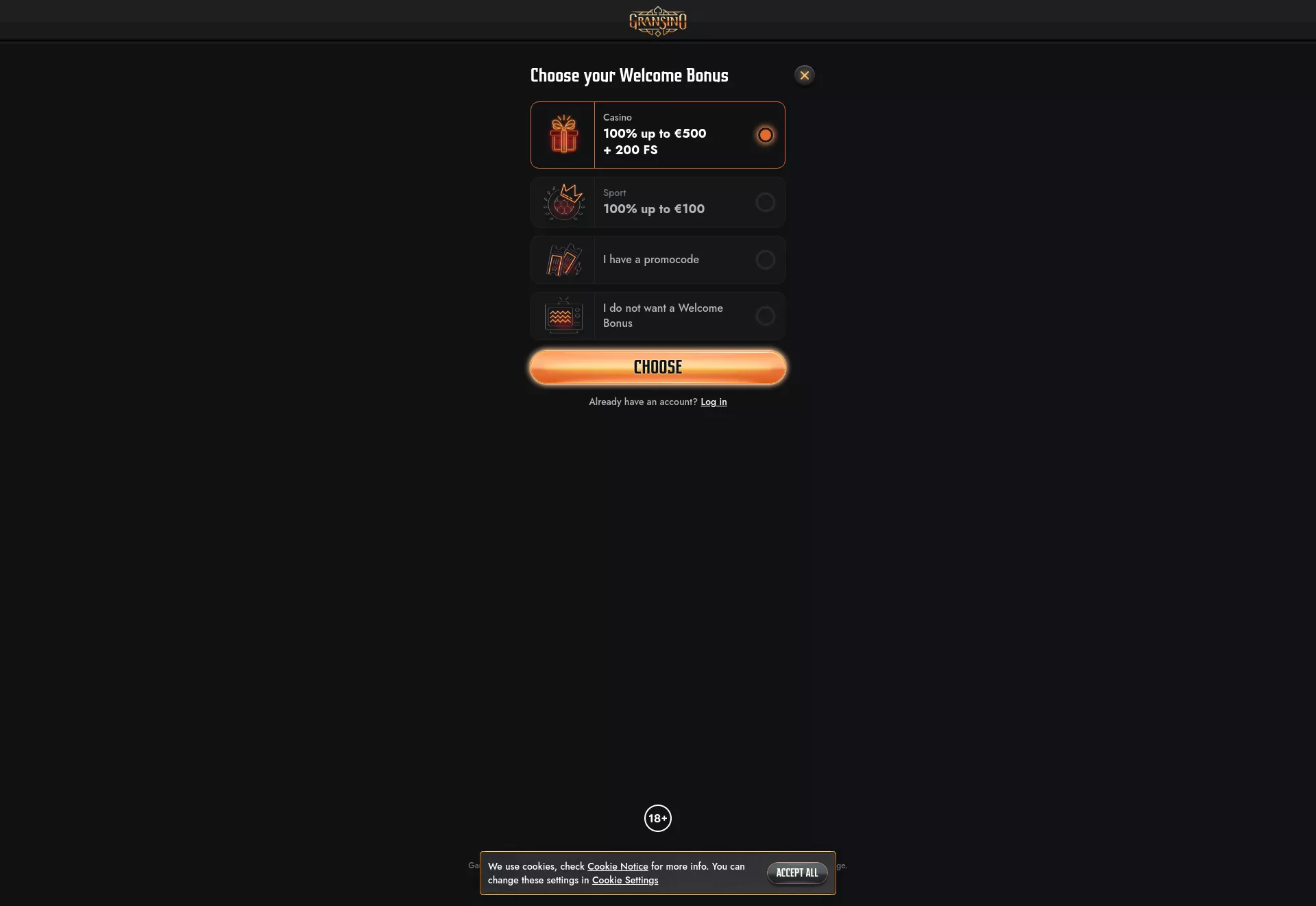 Desktop screen. Gransino Casino Up to €1000