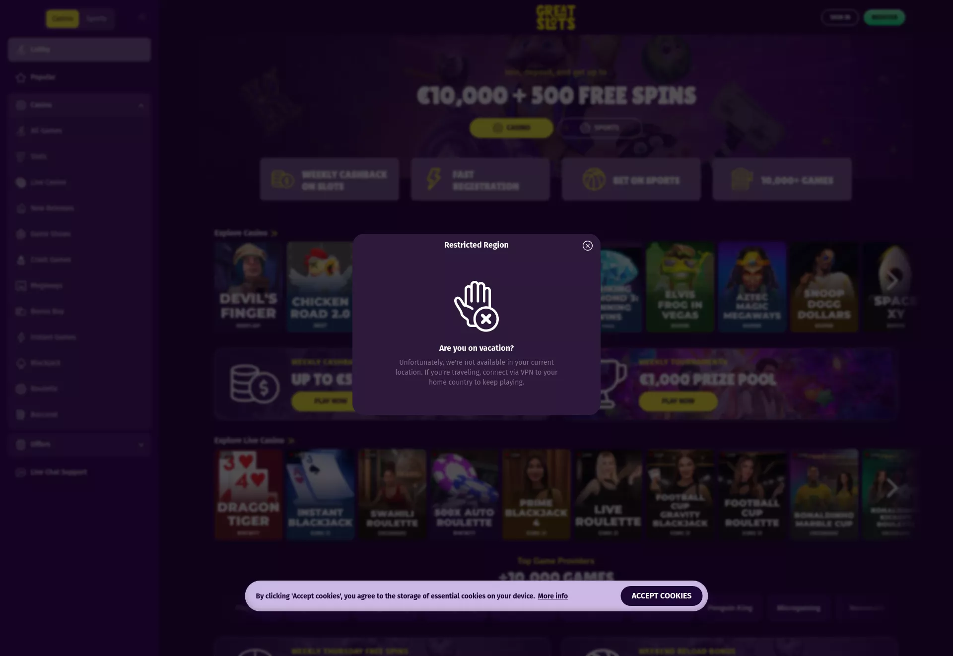 Desktop screen. GreatSlots Up to €1000