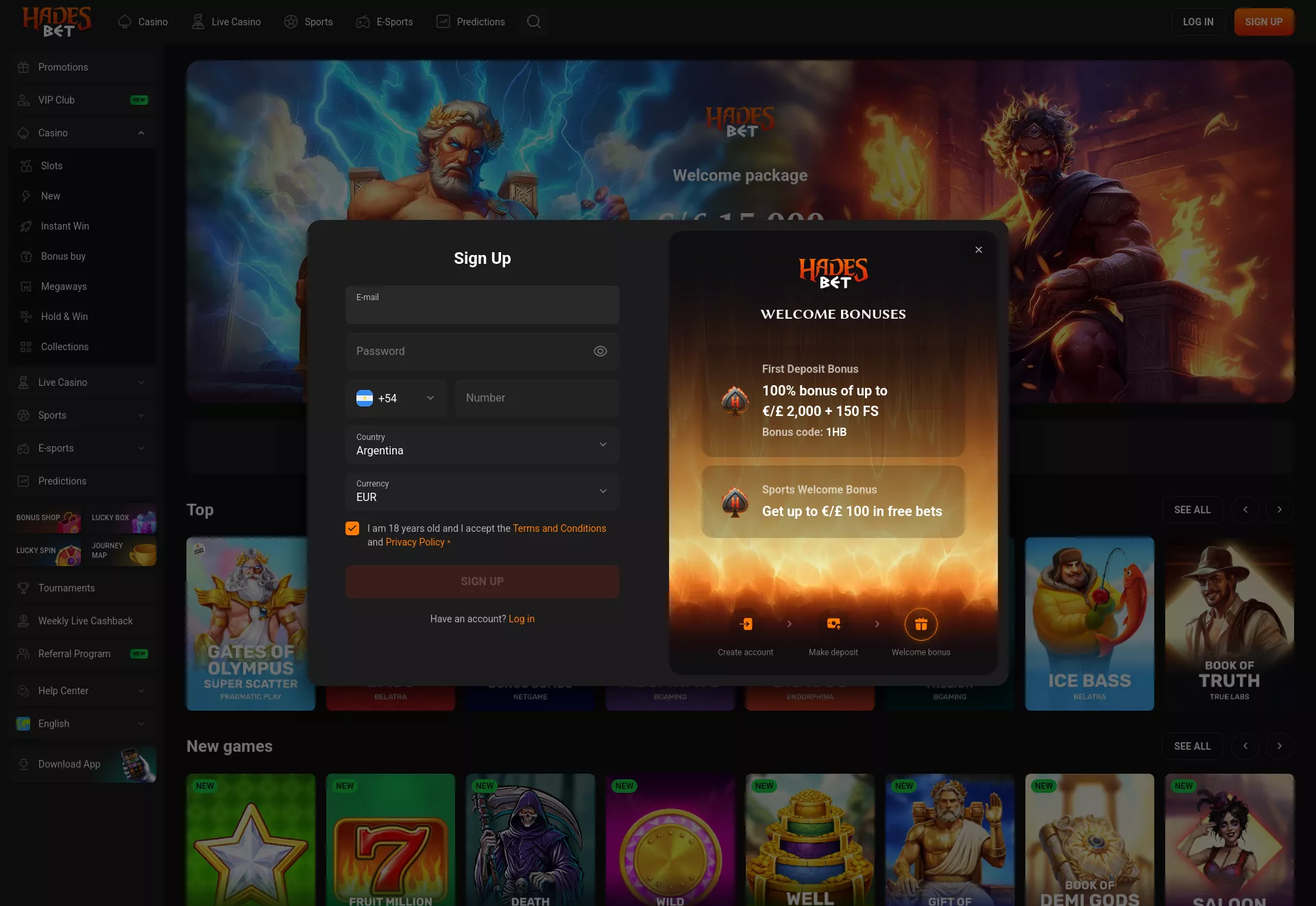 Desktop screen. Hadesbet Up to €15000 + 300 FS