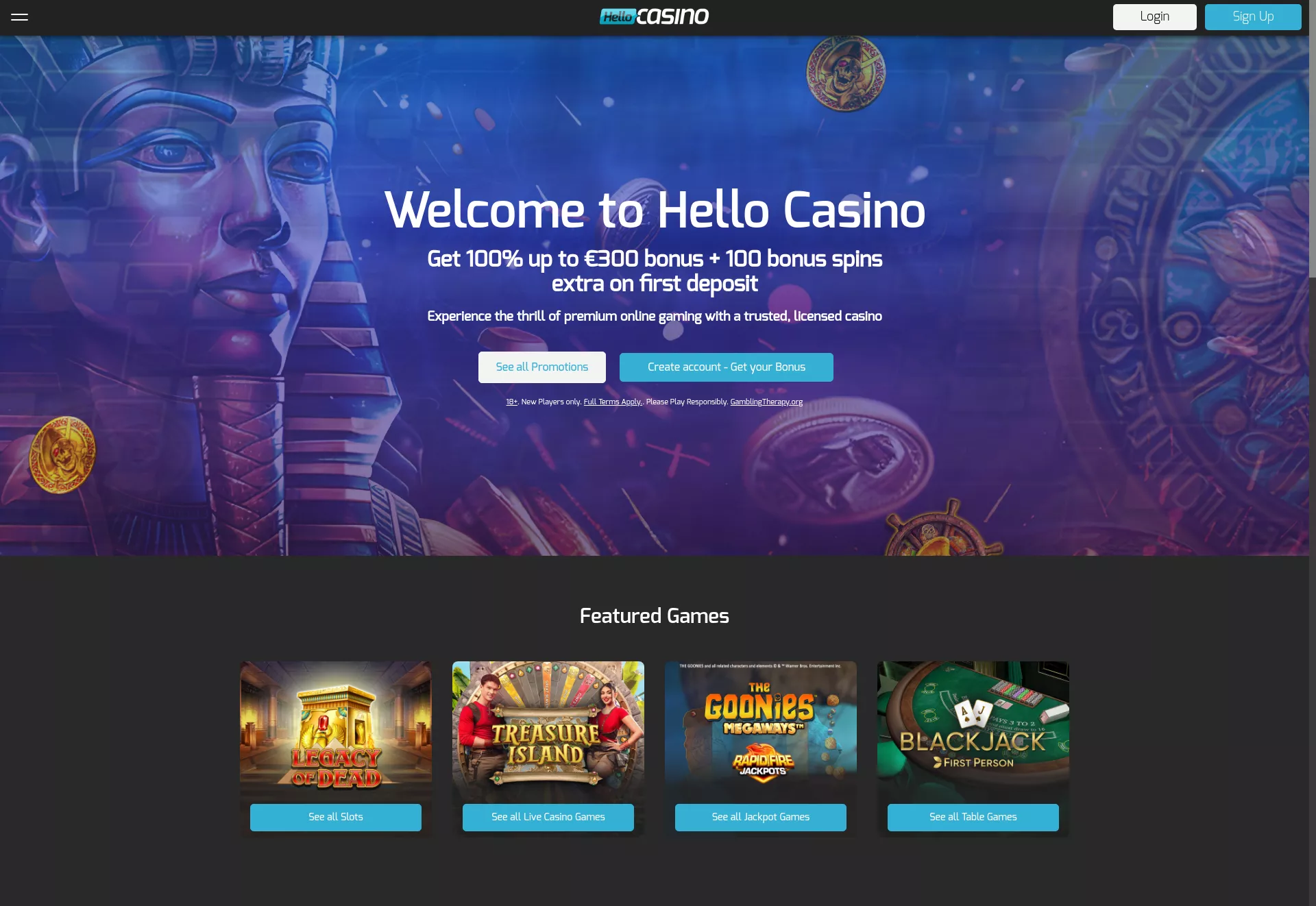 Desktop screen. Hello Casino 100% up to $100 + 25 FS