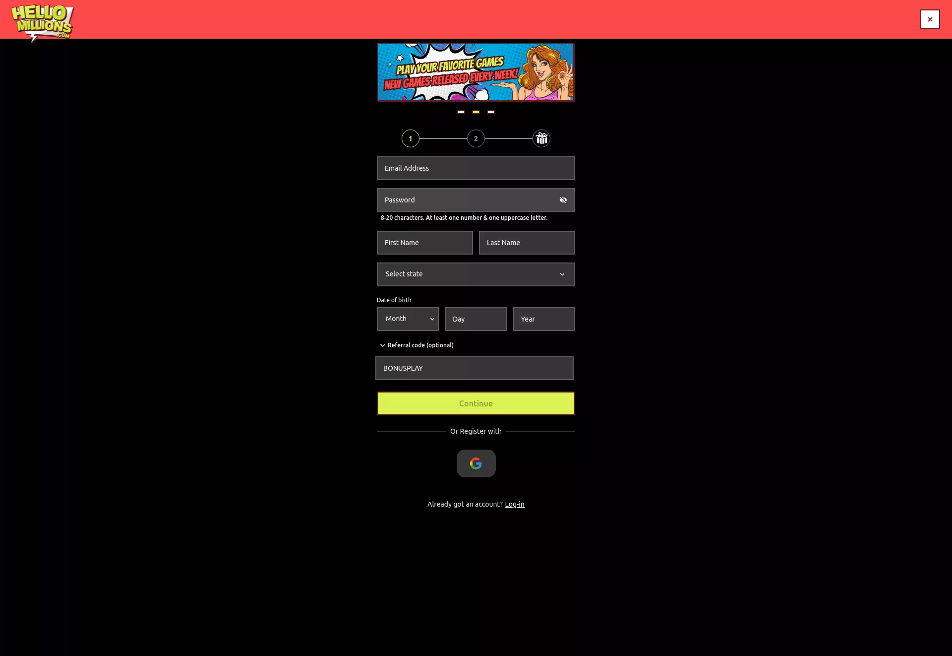 Desktop screen. HelloMillions Get up to 65,000 Gold Coins + 27.5 FREE Sweepstakes Coins
