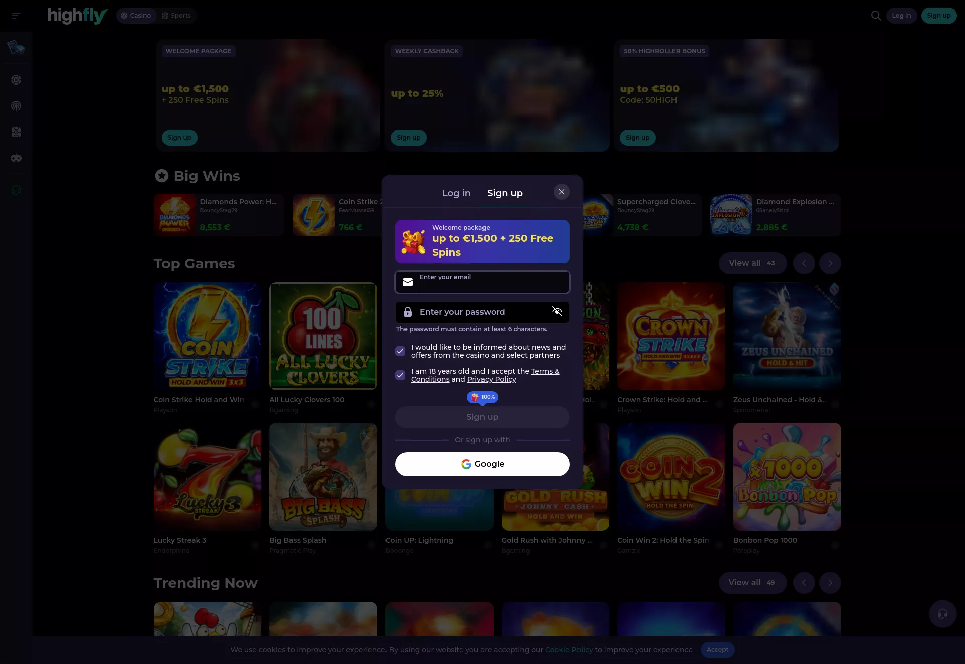 Desktop screen. Highflybet Up to $1500 + 250 FS