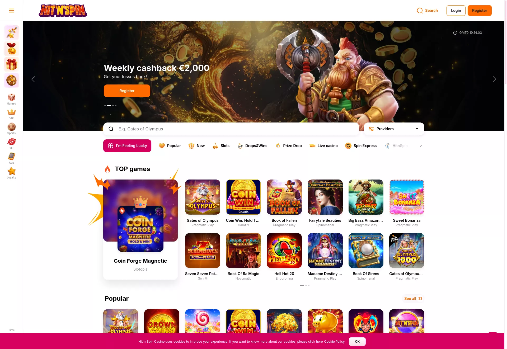 Desktop screen. HitNSpin Casino Up to $700 + 175 FS