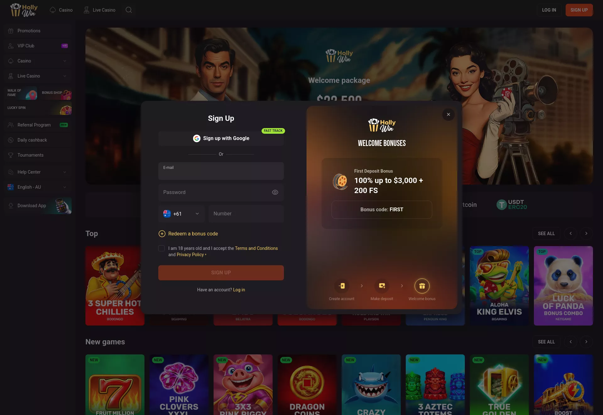 Desktop screen. Hollywin Up to A$22500 + 350 FS