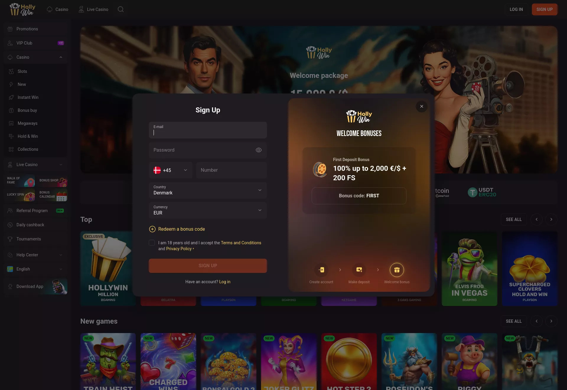 Desktop screen. Hollywin Up to €15000 + 350 FS