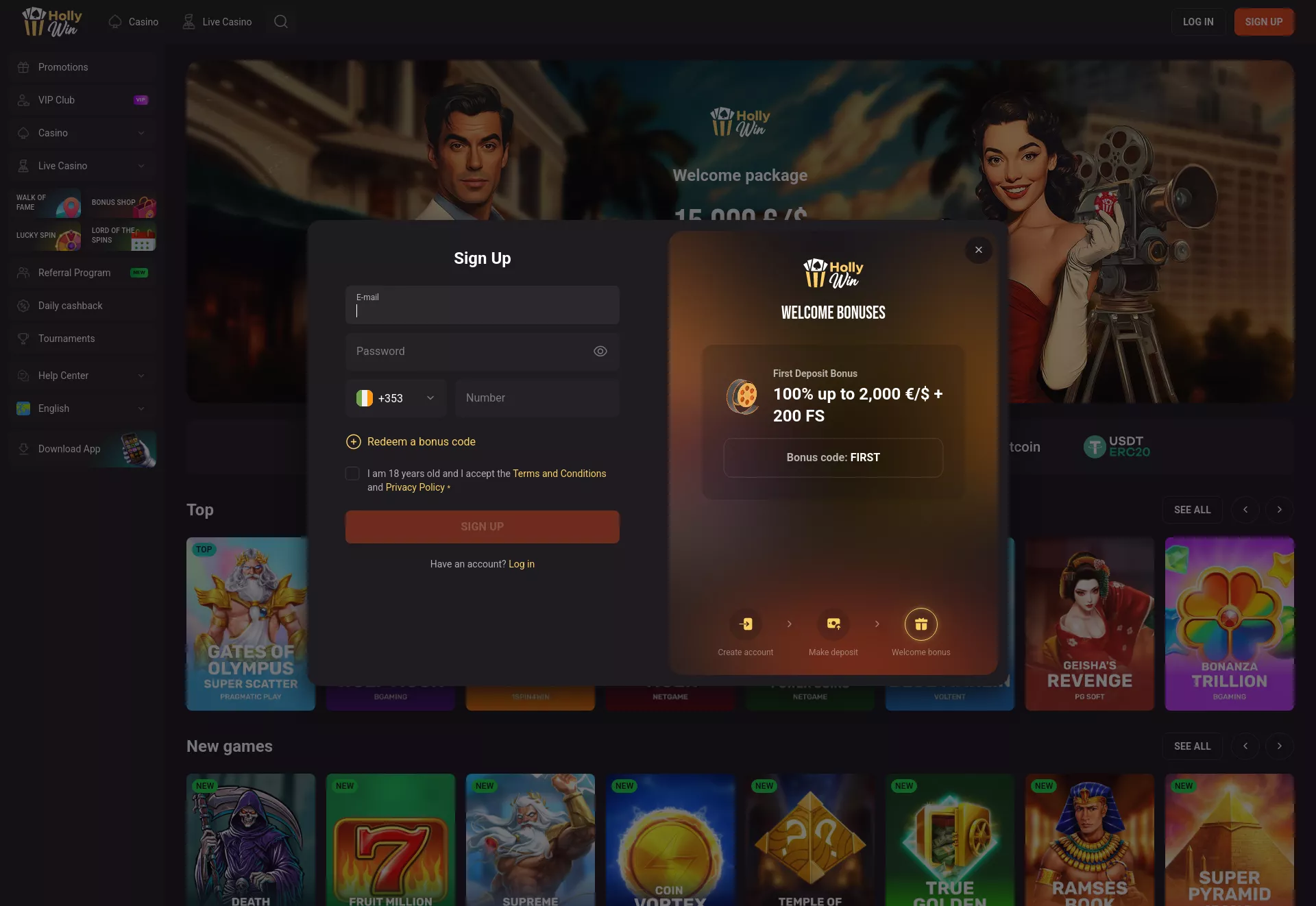 Desktop screen. Hollywin Up to €15000 + 350 FS