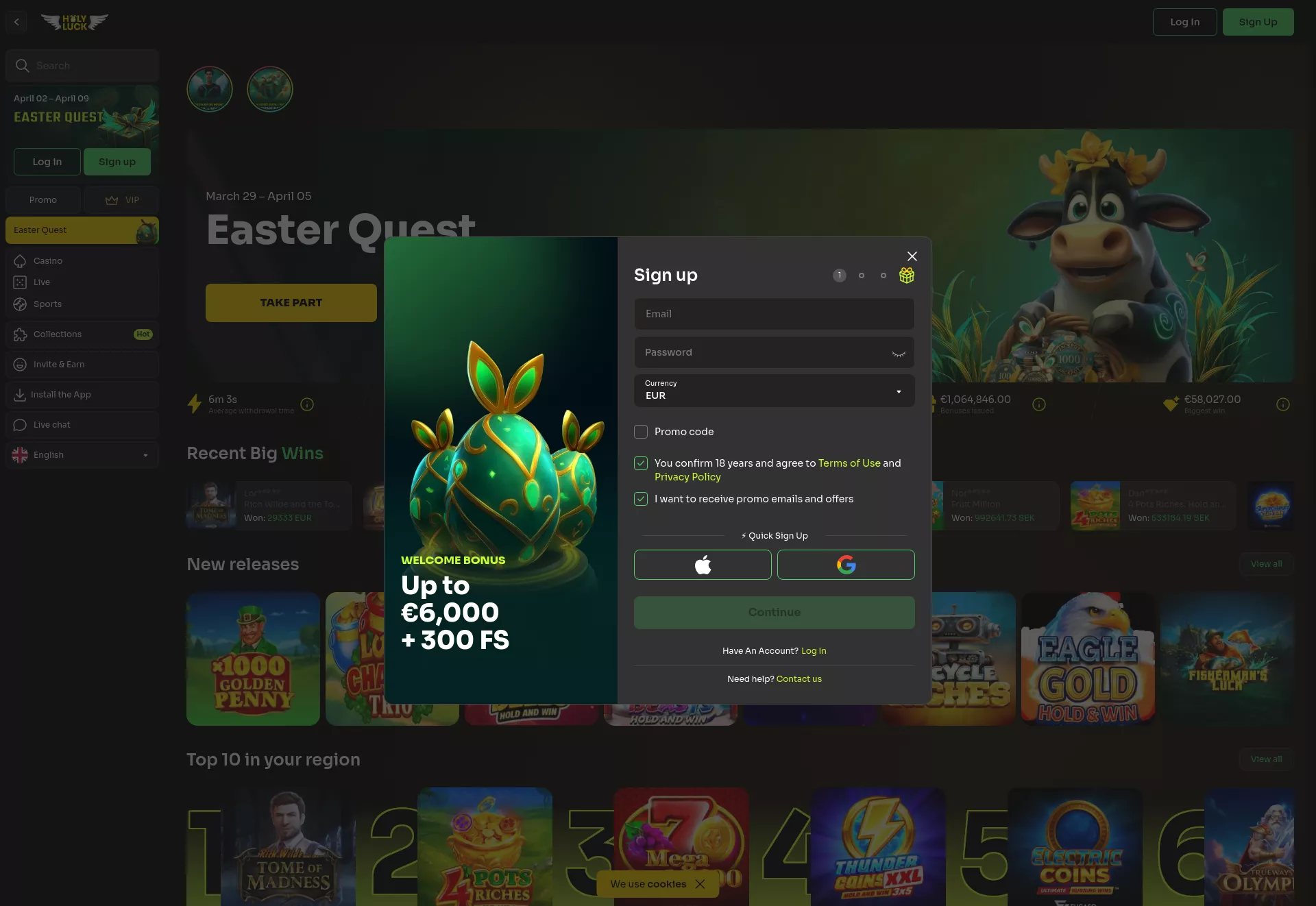 Desktop screen. HolyLuck Up to $6000 + 300 FS