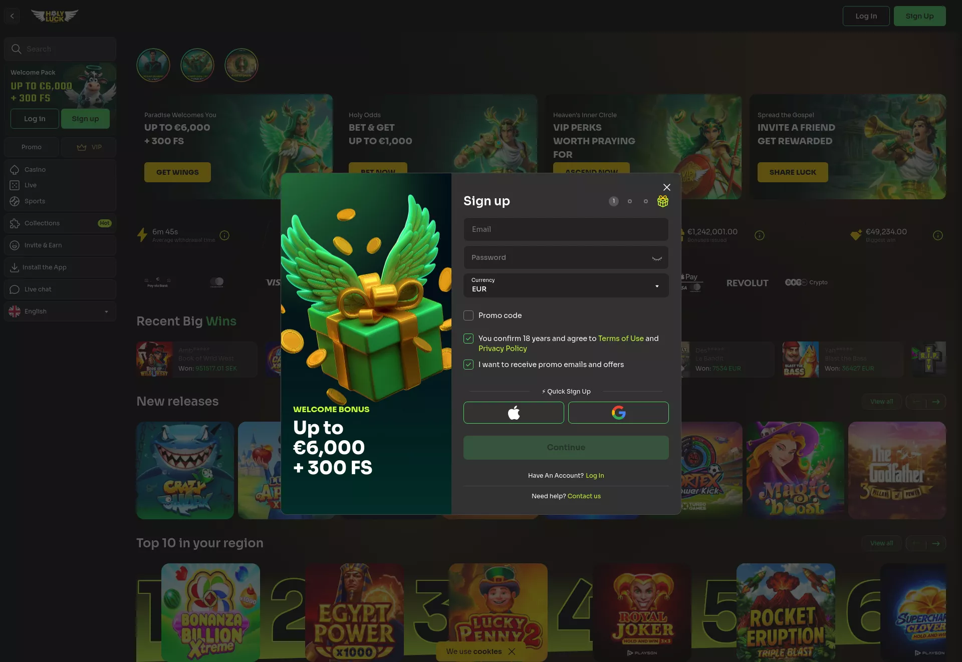 Desktop screen. HolyLuck Up to €6000 + 300 FS