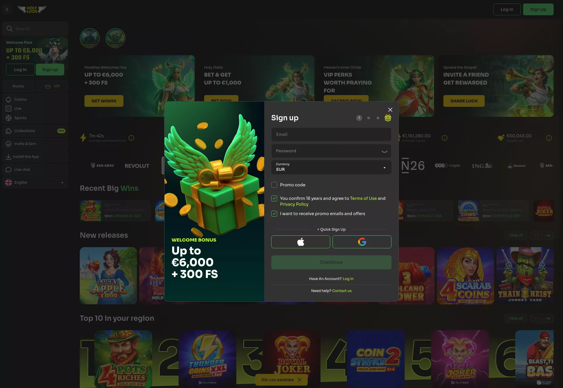 Desktop screen. HolyLuck Up to €6000 + 300 FS