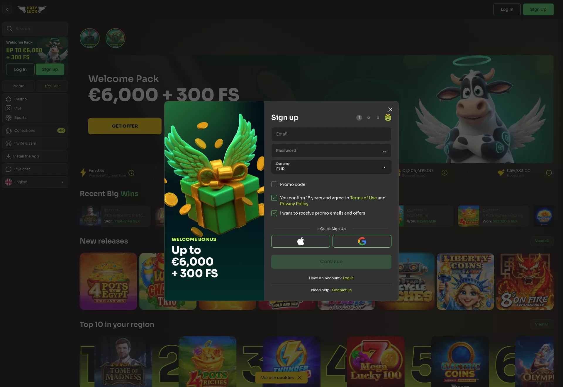 Desktop screen. HolyLuck 125% up to $3000 + 125 FS