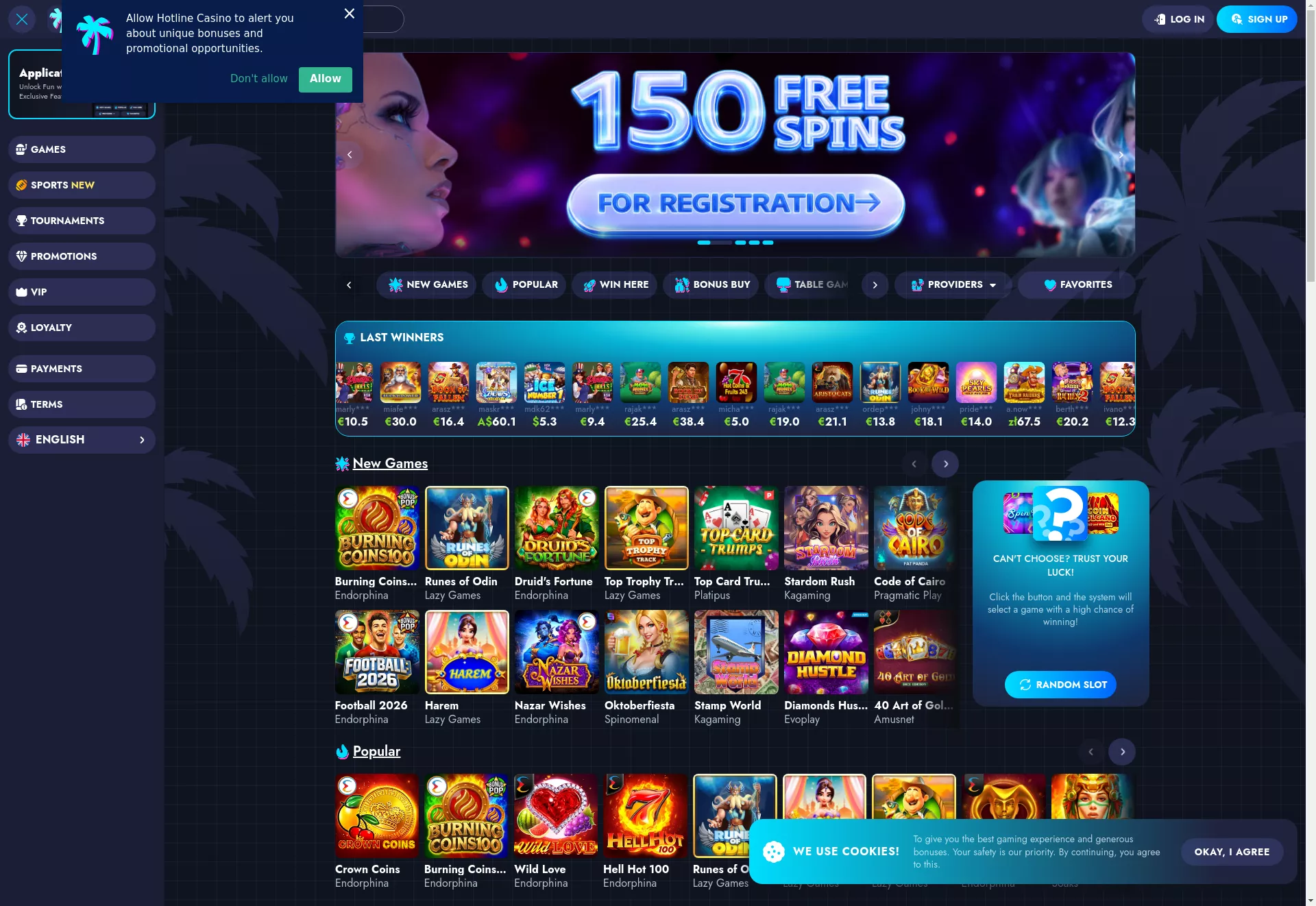 Desktop screen. Hotline Casino Up to $1200 or 250 FS