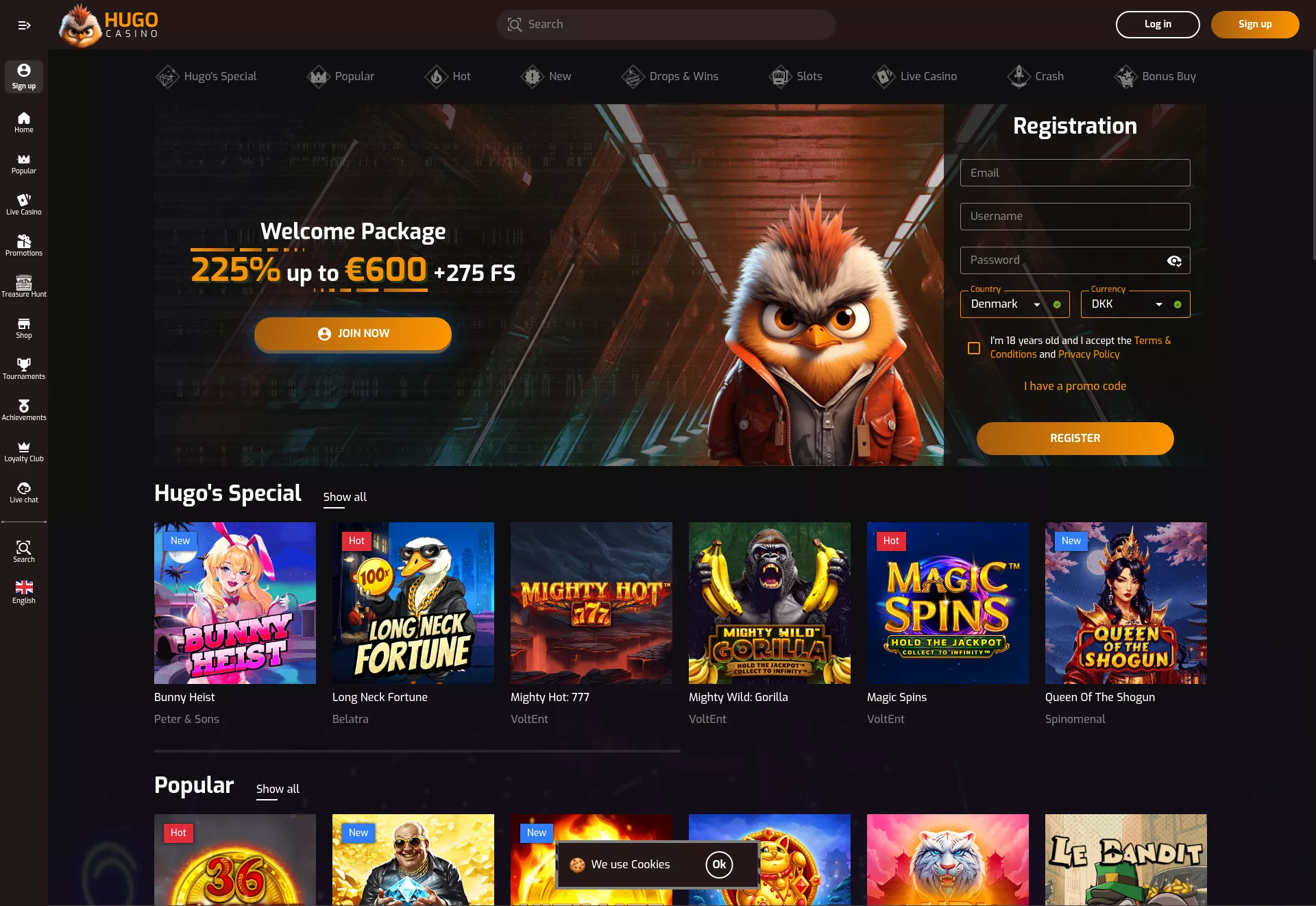 Desktop screen. Hugo Casino Up to $600 + 275 FS