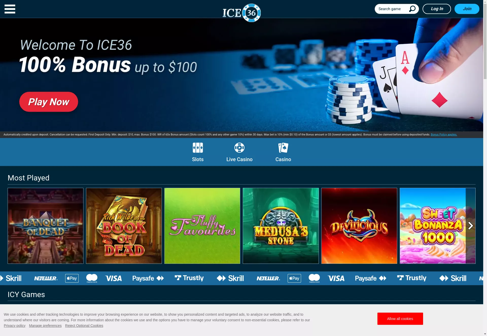 Desktop screen. ICE36 100% up to $100