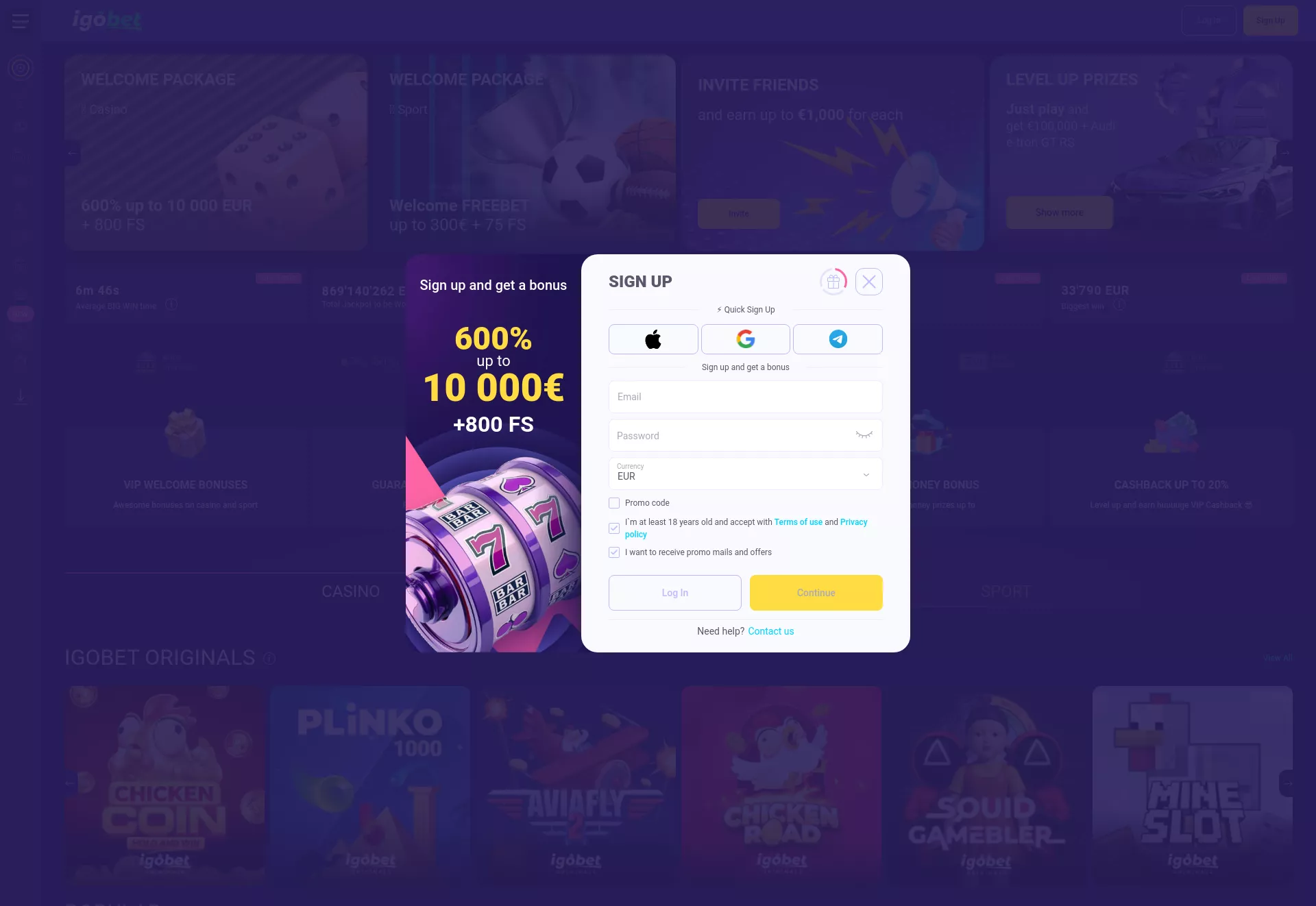 Desktop screen. IgoBet Casino Fino a €10000 + 150 FS