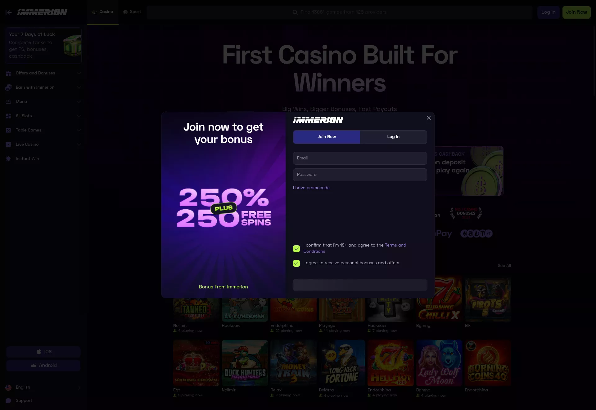 Desktop screen. Immerion Casino Up to $4000 + 250 FS