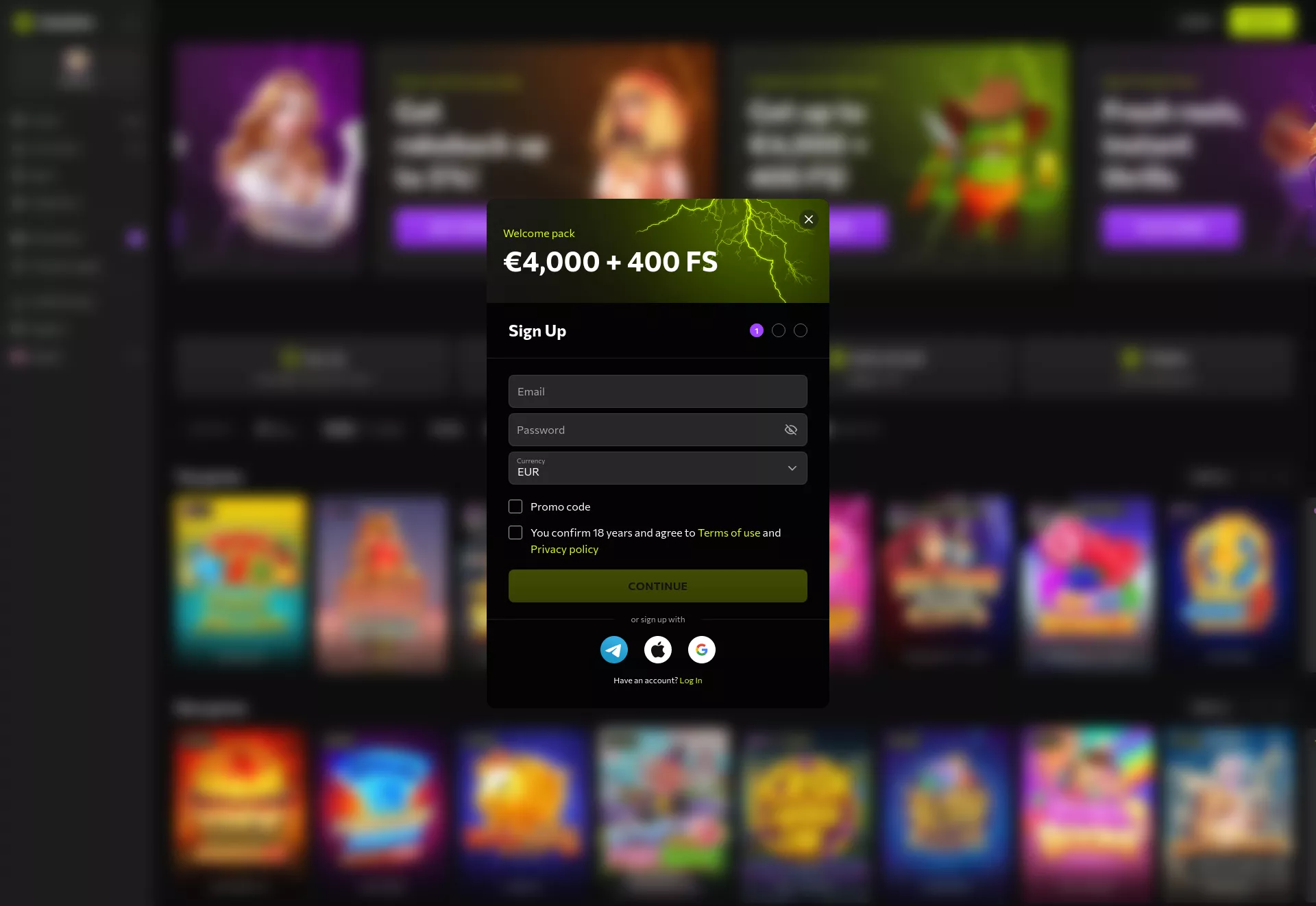 Desktop screen. Instasino Up to $4000 + 400 FS