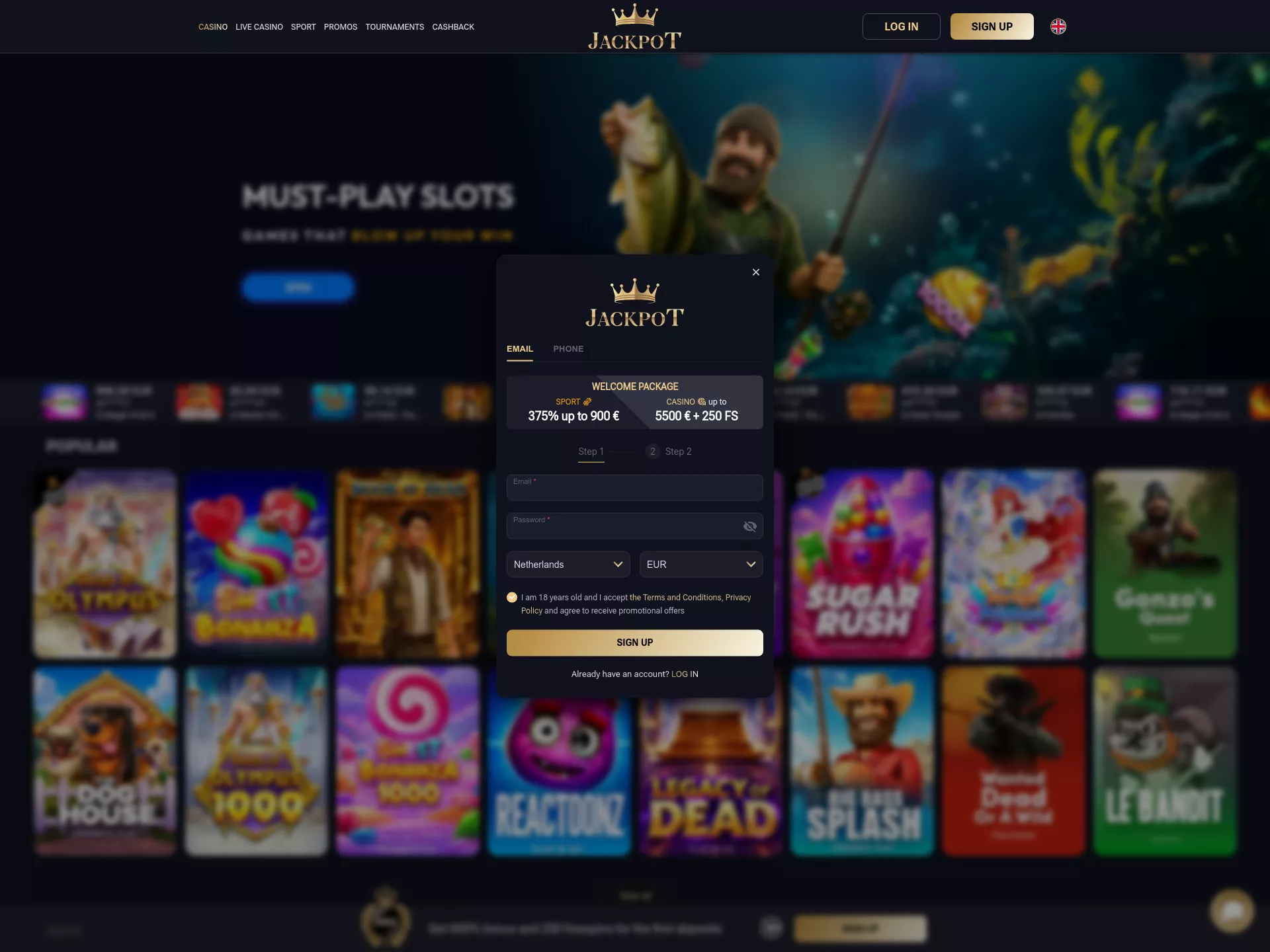 Desktop screen. Jackpot Up to €5500 + 250 FS