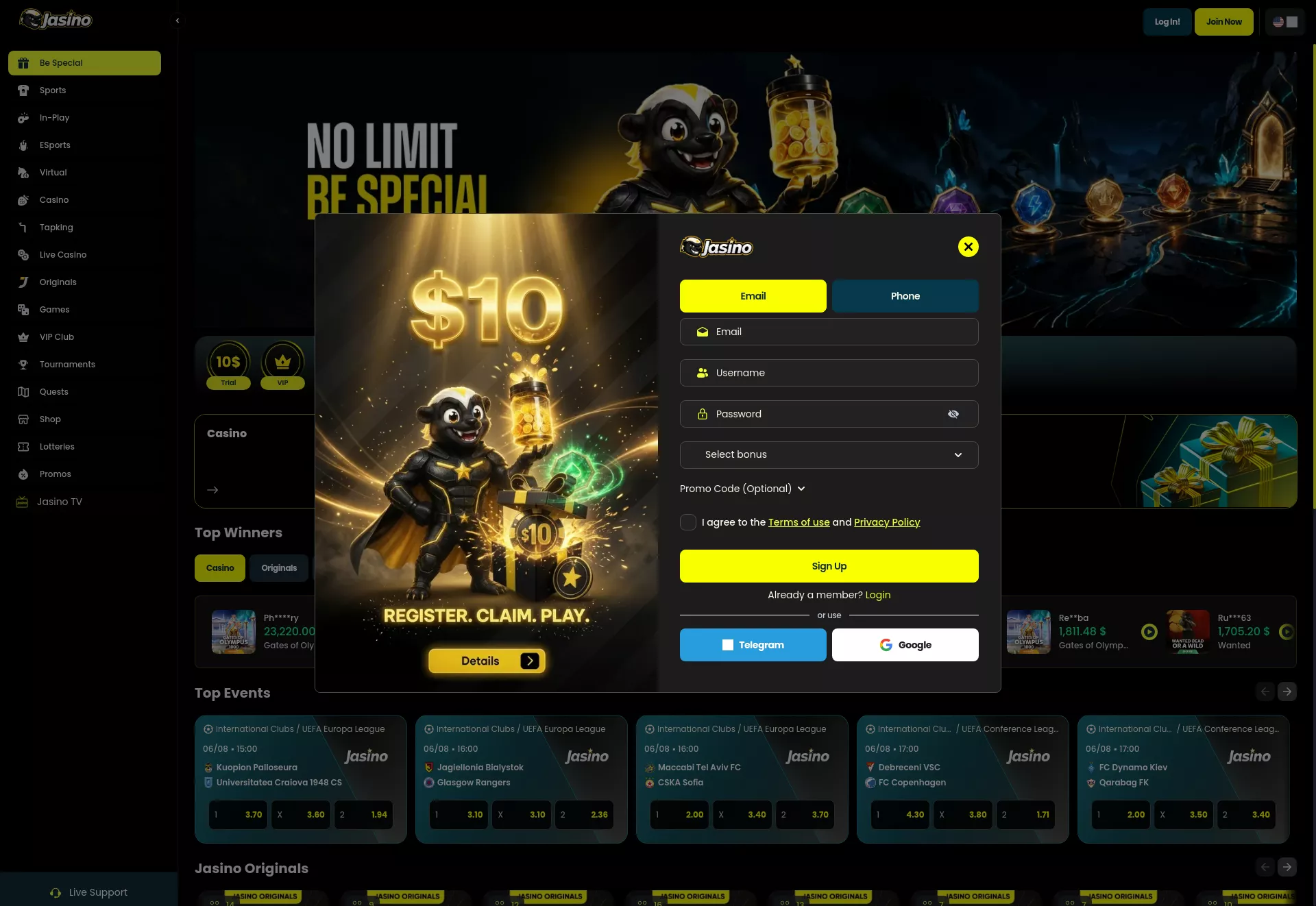 Desktop screen. Jasino Get $10 Trial Bonus