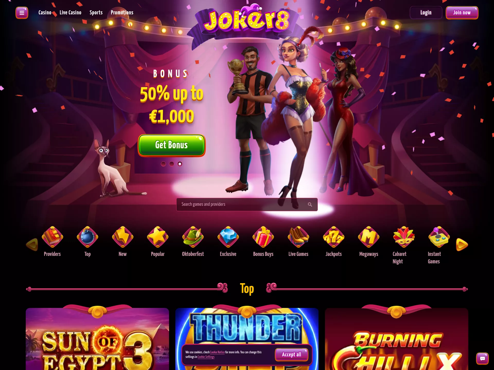 Desktop screen. Joker8 Casino 100% up to $500 + 200 FS