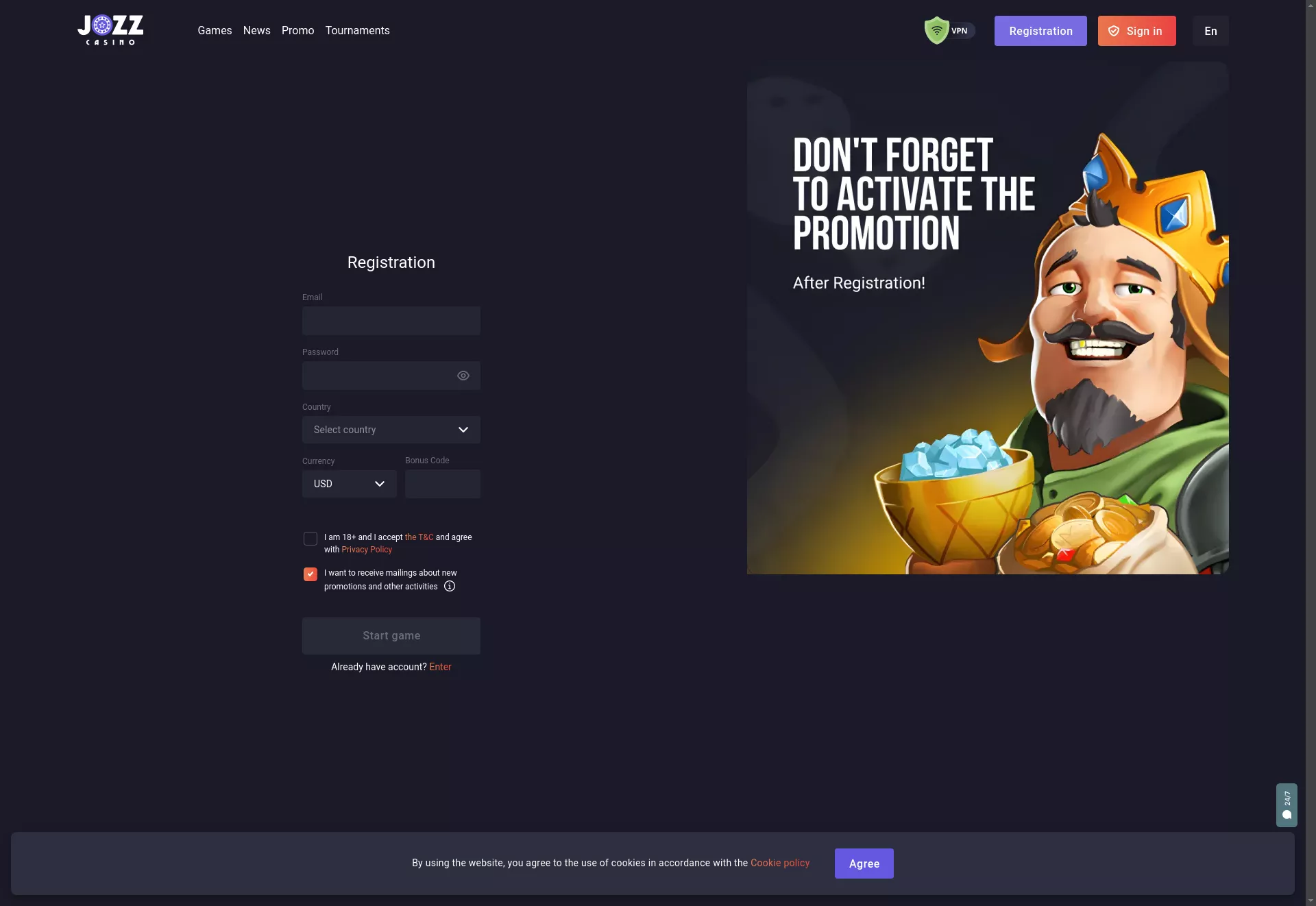 Desktop screen. Jozz Casino 100% до $500