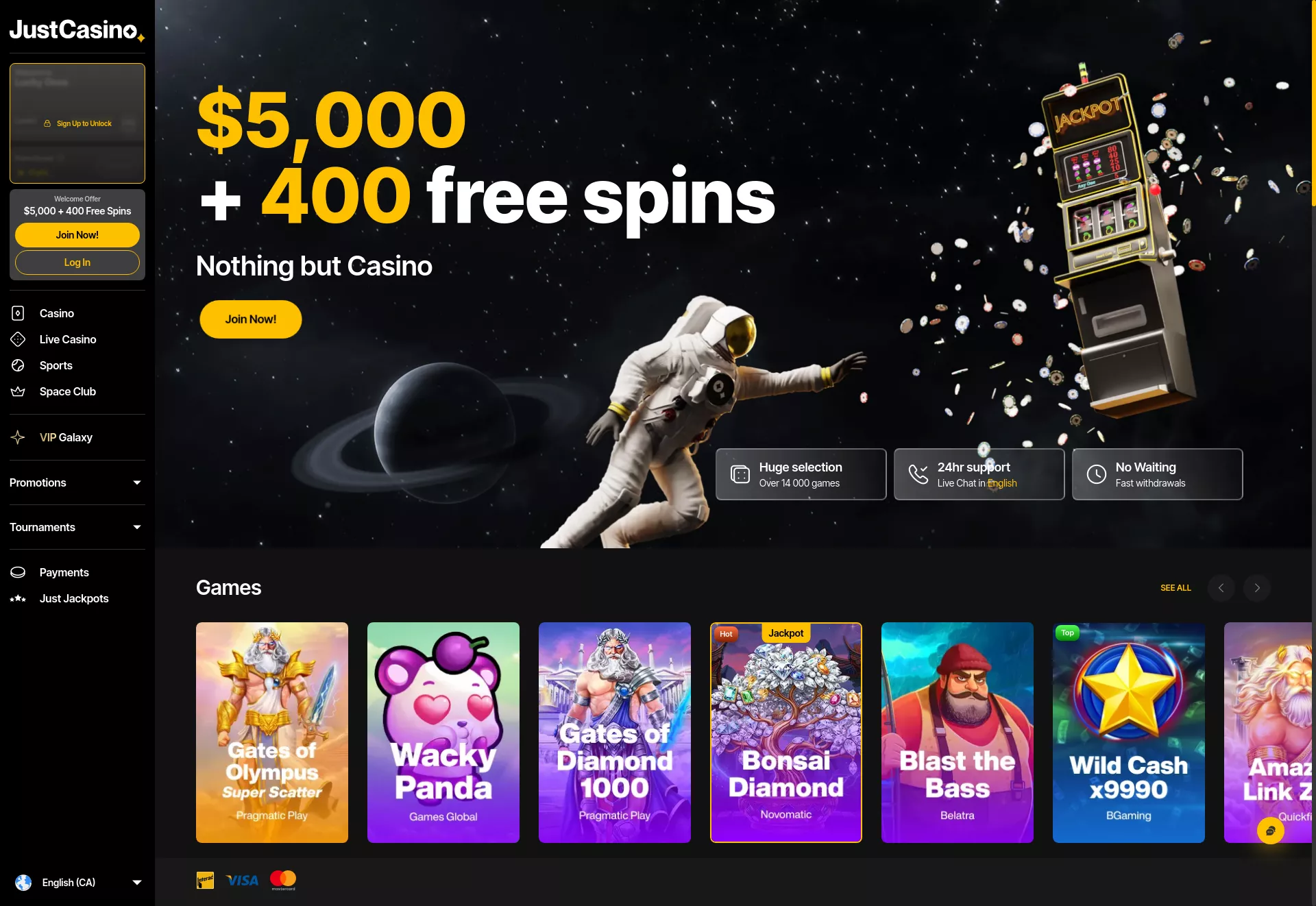 Desktop screen. Just Casino 125% up to $2500