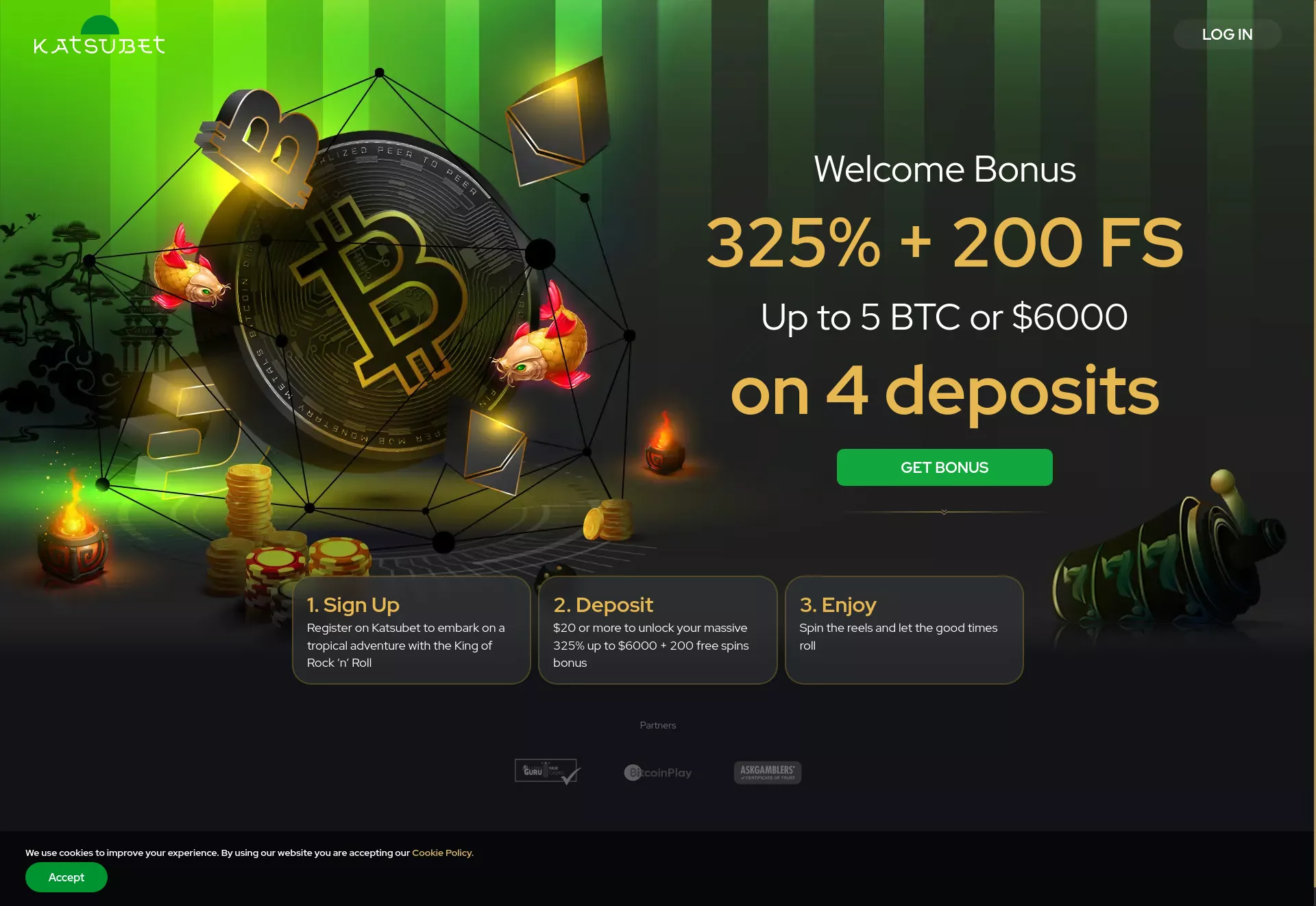 Desktop screen. KatsuBet Up to ₿5 + 200 FS