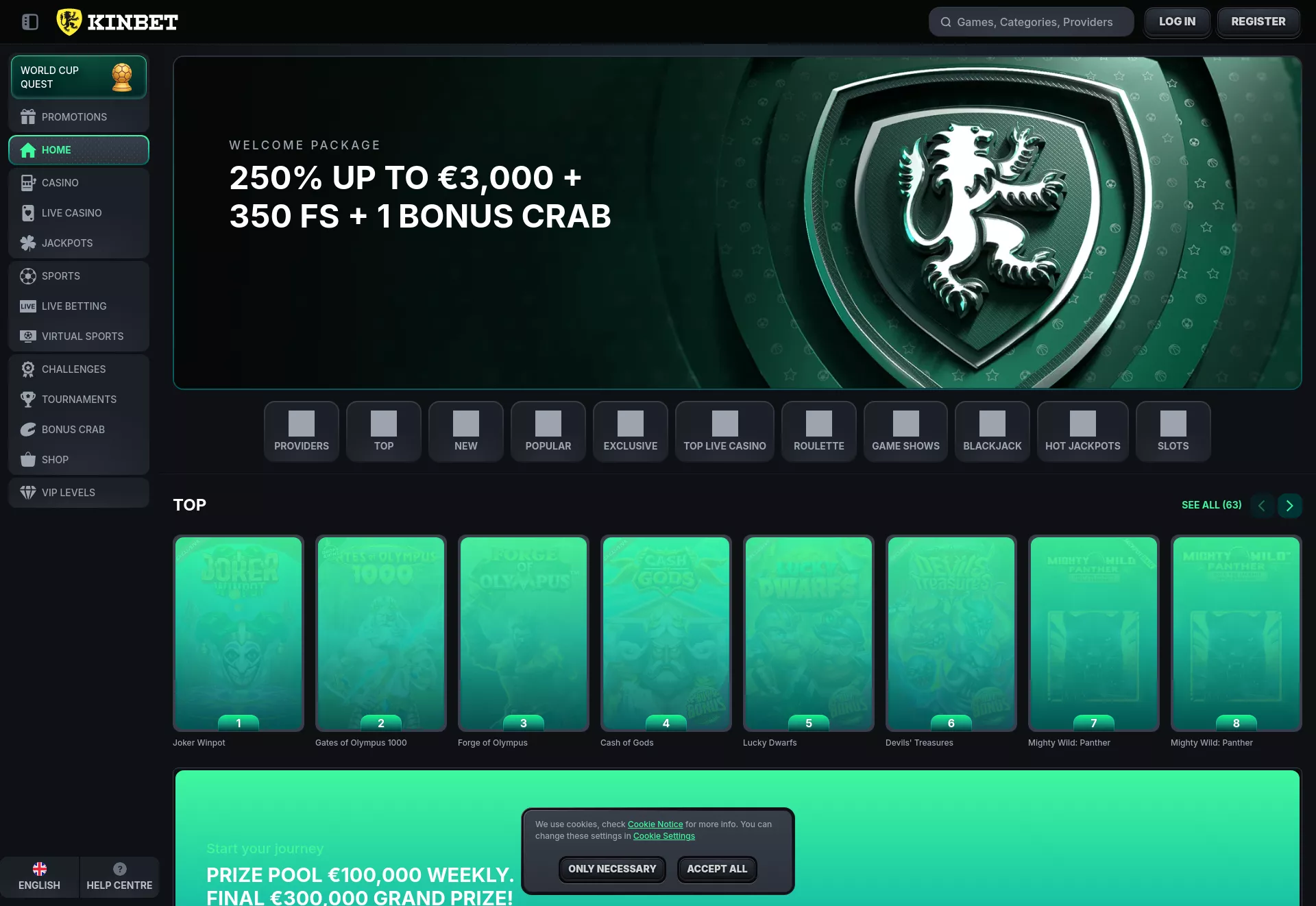 Desktop screen. Kinbet Casino Up to 50 FS