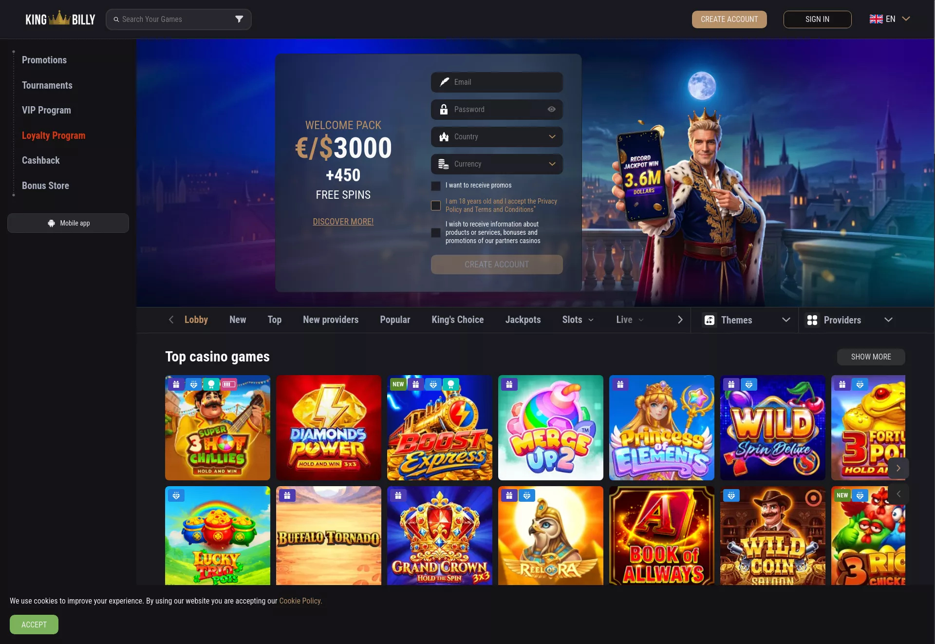 Desktop screen. King Billy Casino 100% up to ₿0.5 + 250 FS