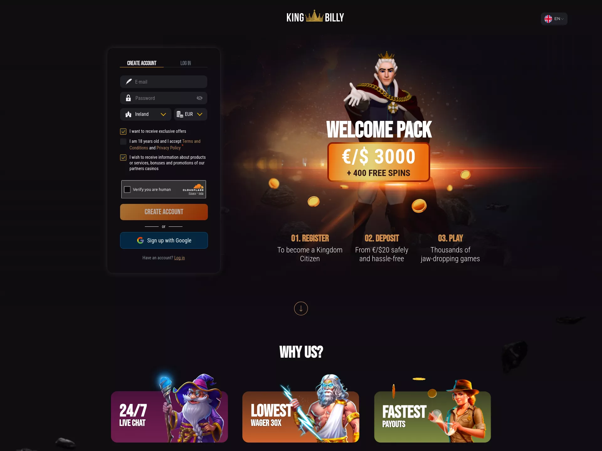 Desktop screen. King Billy Casino Up to €2500 + 250 FS