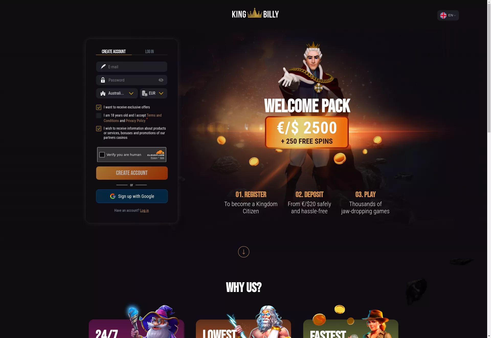 Desktop screen. King Billy Casino Up to $2500 + 250 FS