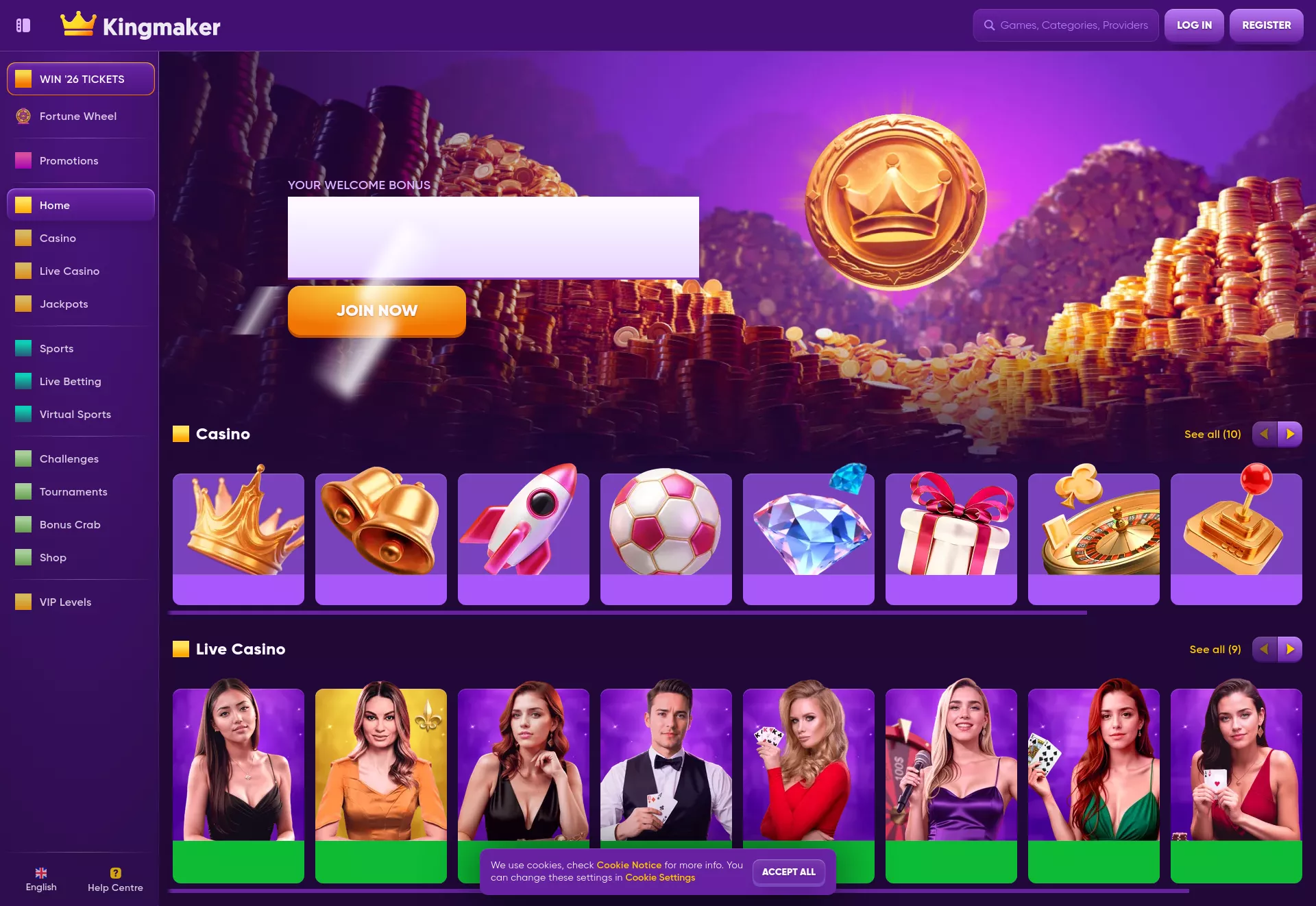Desktop screen. Kingmaker Casino 100% up to $500 + 25 FS